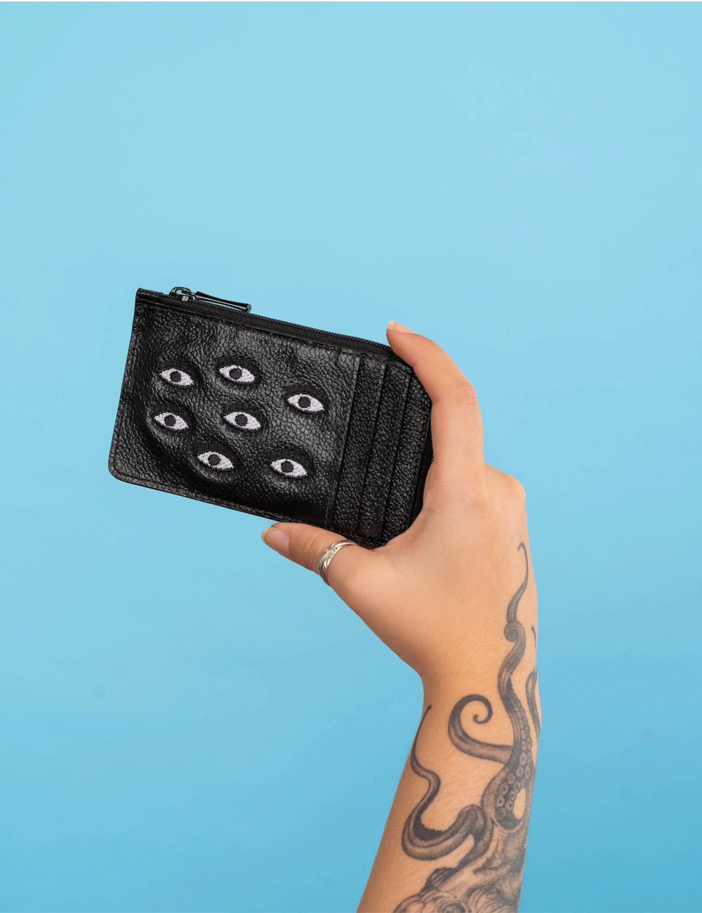 Fausto Black Leather Zip Around Cardholder with All Over Eyes Embroidery - Stylish RFID Blocking Wallet for Men & Women | Perfect for Travel, Business & Everyday Use