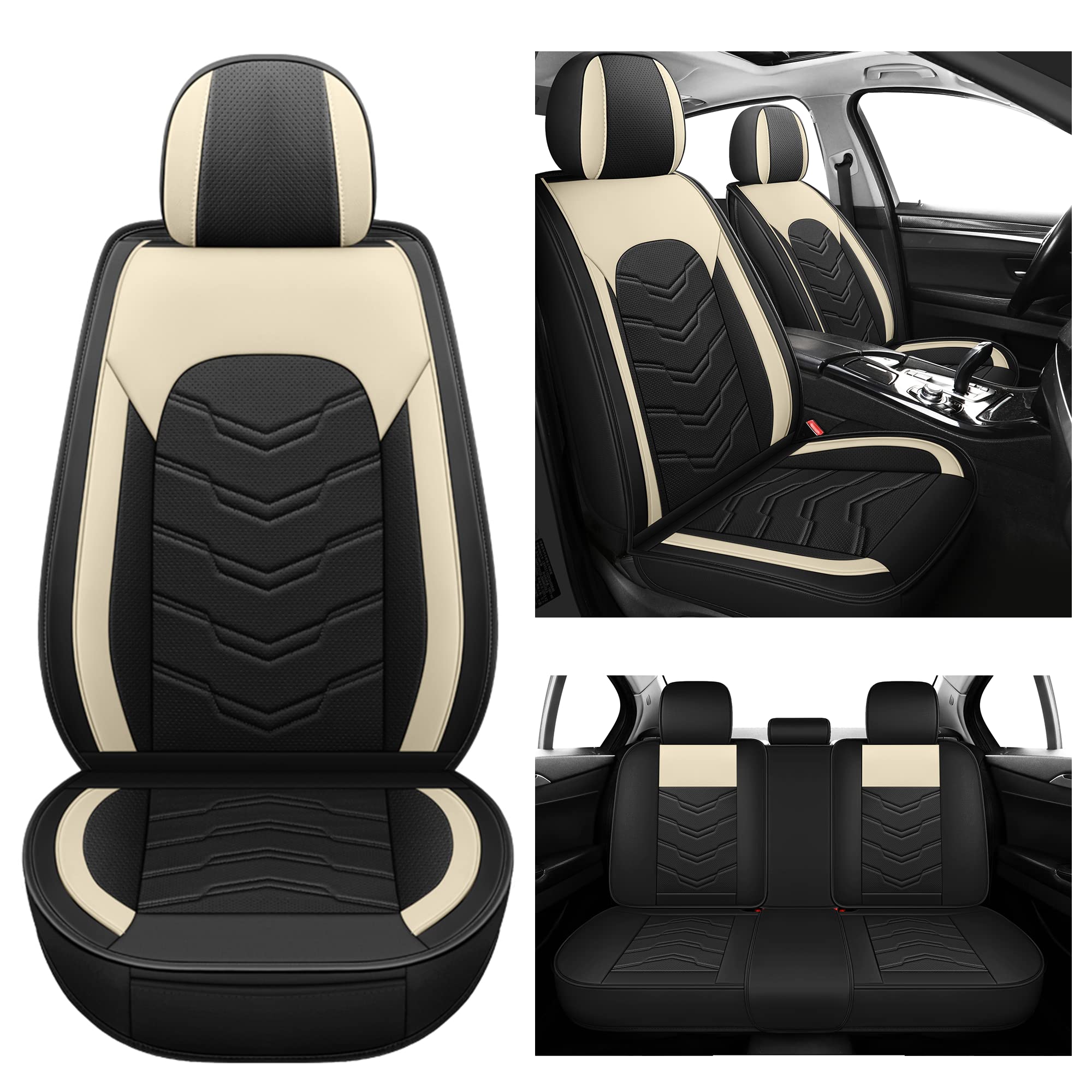 Premium 5-Piece AOOG Leather Car Seat Covers Set - Breathable Faux Leatherette, Non-Slip Waterproof Seat Protectors for Sedans, SUVs & Trucks | Airbag Compatible Beige & Black | Perfect for Daily Commute, Road Trips & Family Travel