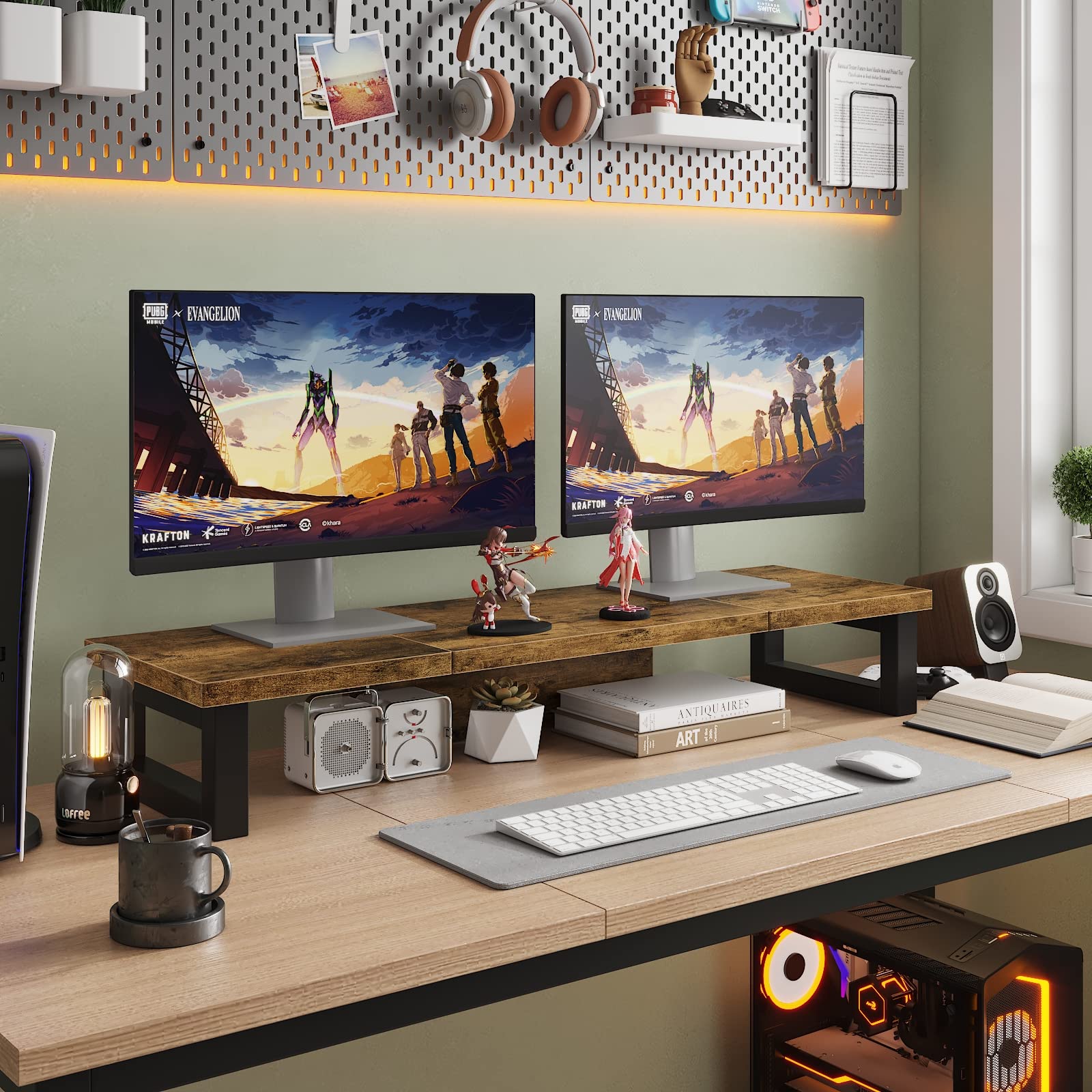 Premium WESTREE Dual Monitor Stand Riser - Sturdy Wood & Steel Computer Monitor Stand for 2 Screens - Multi-Purpose Desktop Organizer for PC, Laptop, Printer & TV - Perfect for Home Office, Gaming Setup & Workspace Organization