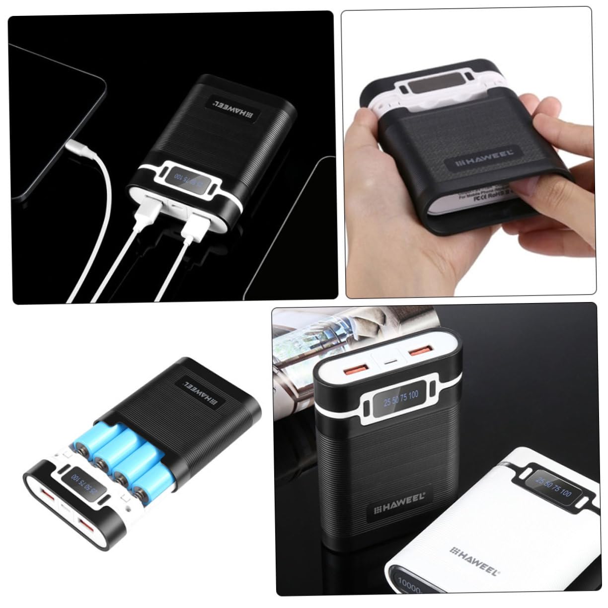 DOITOOL 18650 Battery Case - 4 Slot Portable Power Bank DIY Kit with Rechargeable Battery Charger - Compact Travel Charging Solution for Camping, Hiking & Emergency Power Backup (Black)