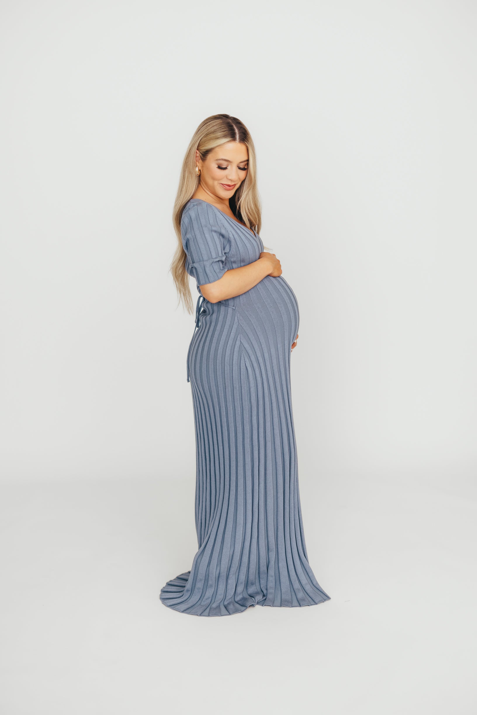 Oakley Ribbed Maxi Dress in Dusty Blue - Bump Friendly Maternity Dress for Pregnancy & Nursing | Perfect for Casual Outings, Baby Showers & Summer Events