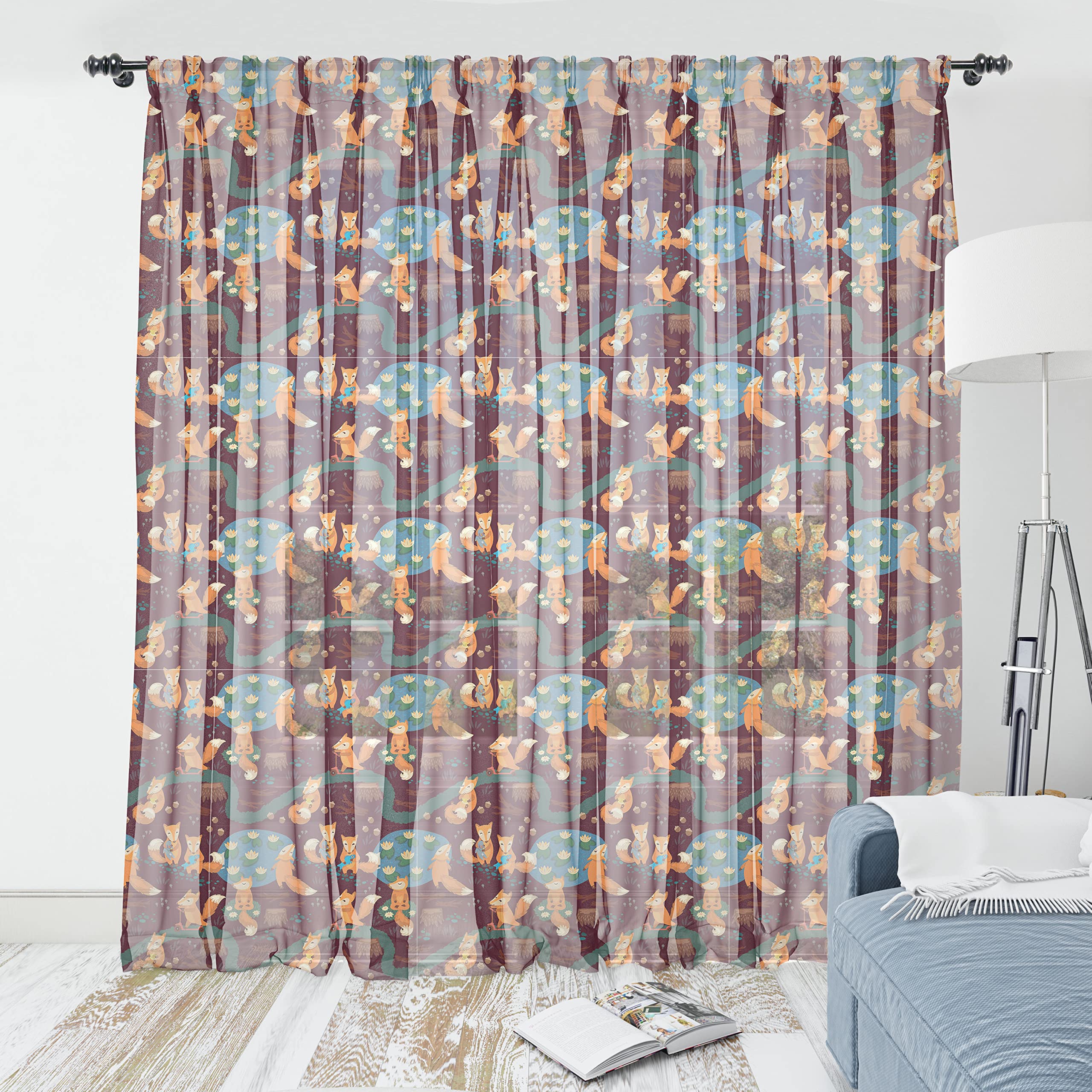 Ambesonne Fox Tulle Curtains with Rod Pocket - Small Forest Animals Hunting & Meditating in Jungle with Ponds & Tree Trunks - Sheer Drapes for Wedding Party (2 Panels, 108