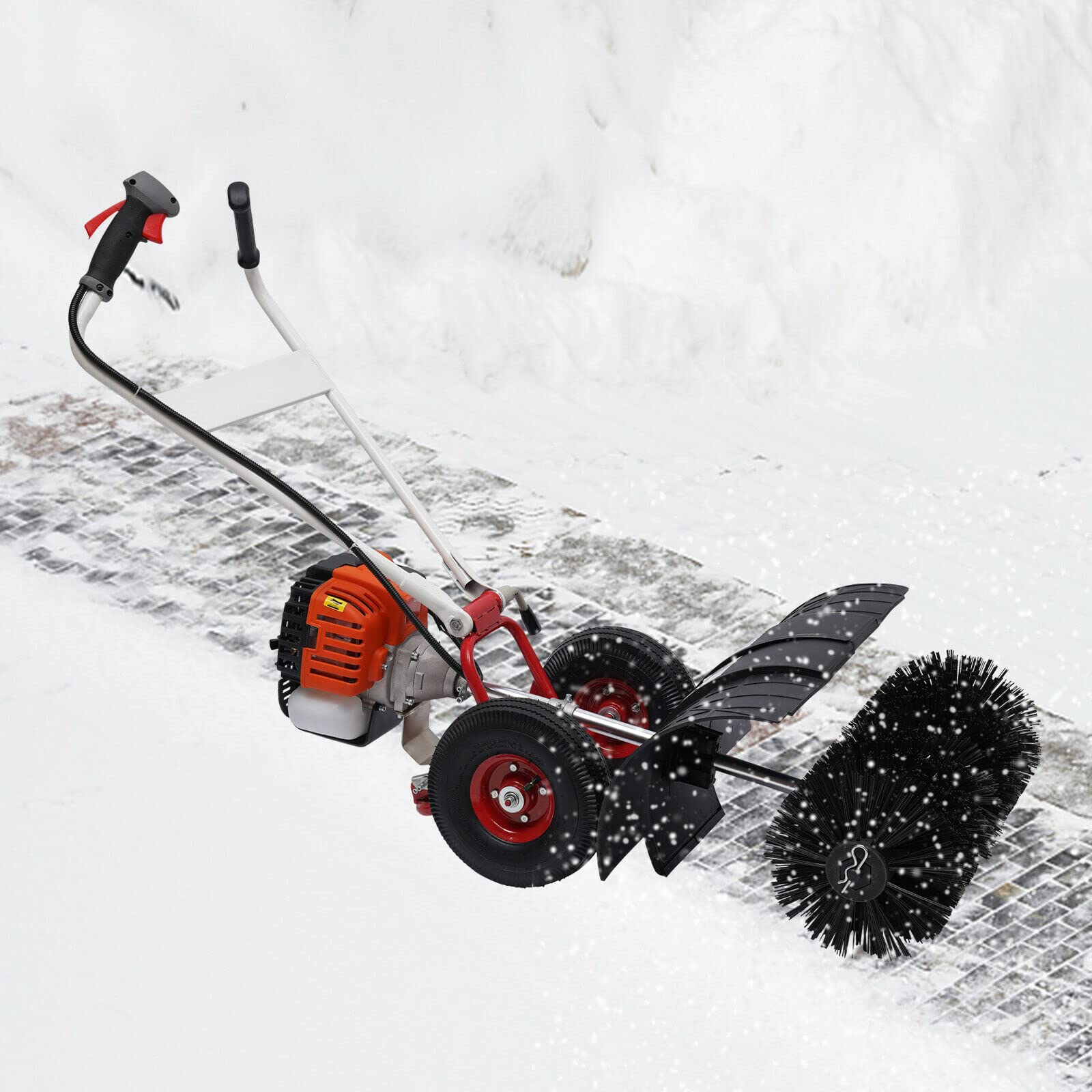 52cc 2 Stroke Gas Powered Handheld Sweeper Broom - Dual Handle Snow Blower & Lawn Cleaner for Driveway, Artificial Grass, Snow Removal - Long Reach Walk Behind Cleaner with Chainsaw Attachment for Easy Yard Maintenance