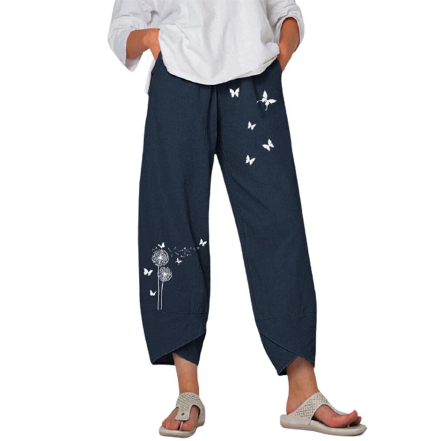 Women's Casual Linen Pants - High Waist Loose Fit Printed Cotton Beach Pants for Summer | Perfect for Vacation, Travel, and Relaxing by the Shore