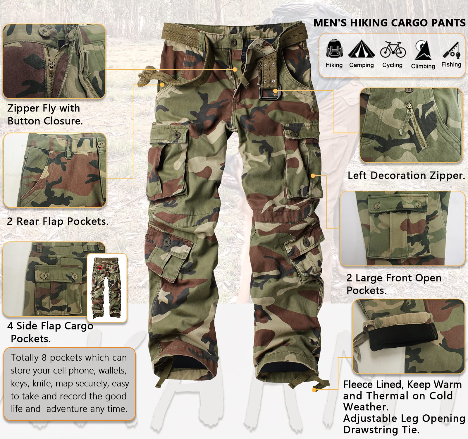 AKARMY Men's Fleece Lined Hiking Pants - Waterproof Outdoor Cargo Pants for Hiking, Skiing & Work with 8 Pockets - Warm Winter Work Pants for Camping, Climbing & Outdoor Adventures
