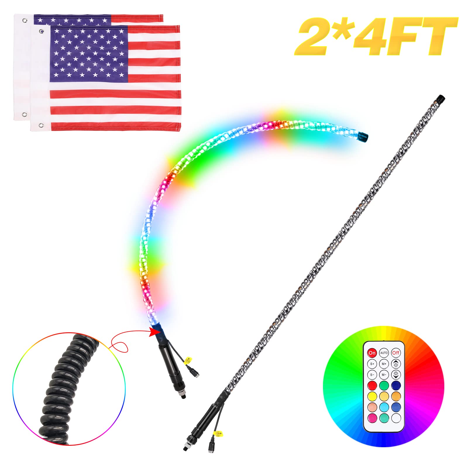 RGBW 4FT LED Whip Lights Pair - 2PCS 360° Spiral Lighted Whips with RF Remote Control for UTV, SXS, Polaris RZR, 4X4 Truck & Boat - Dancing/Chasing Light Effects for Off-Road, Night Rides & Outdoor Adventures
