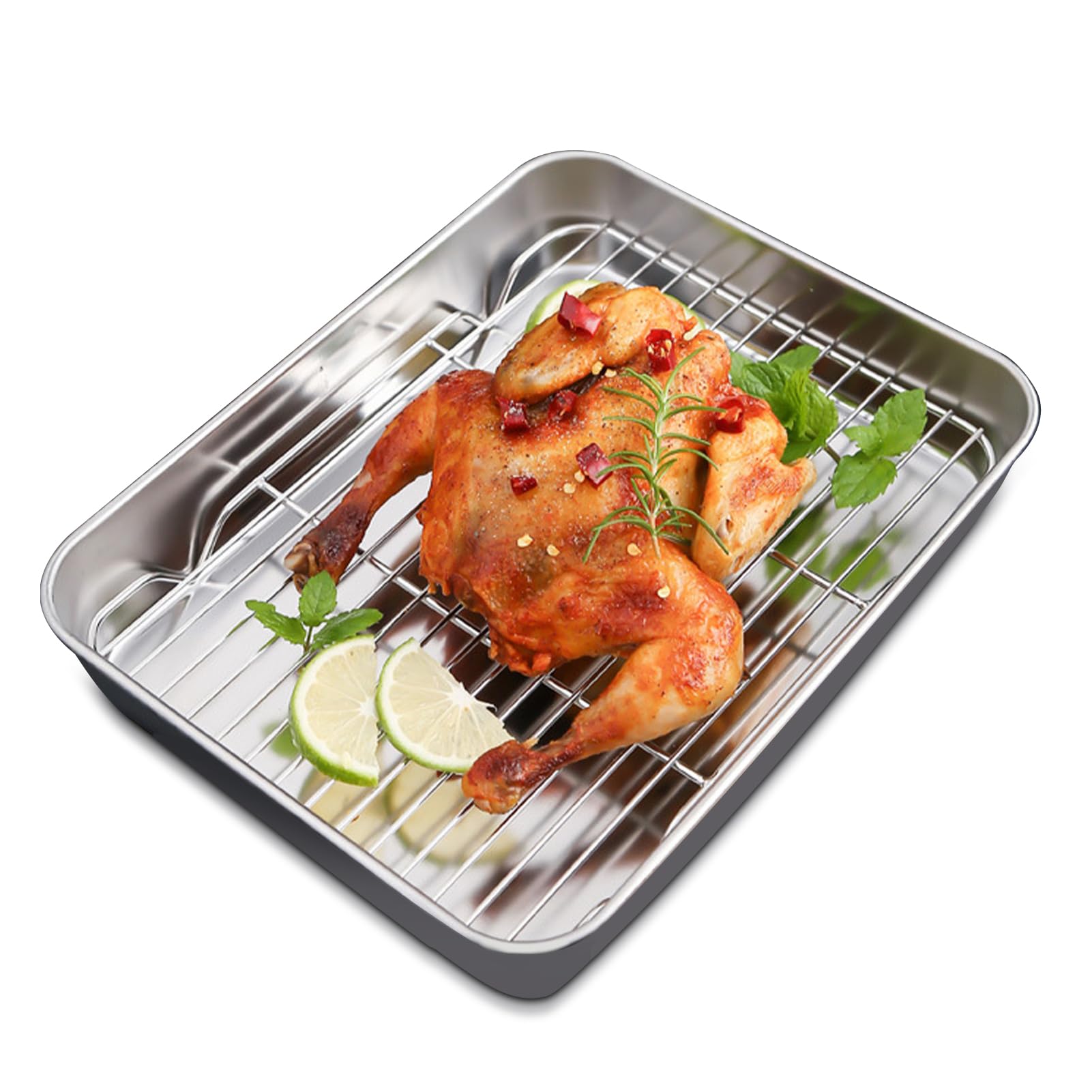 Premium Stainless Steel Turkey Roasting Pan with Non-Stick Rack - 10.4 x 8.1 x 2.0 Inch Rectangular Deep Dish Oven Bakeware for Thanksgiving, Christmas, Roasting Chicken, Beef, Vegetables - Easy Clean BBQ & Baking Cookware Set