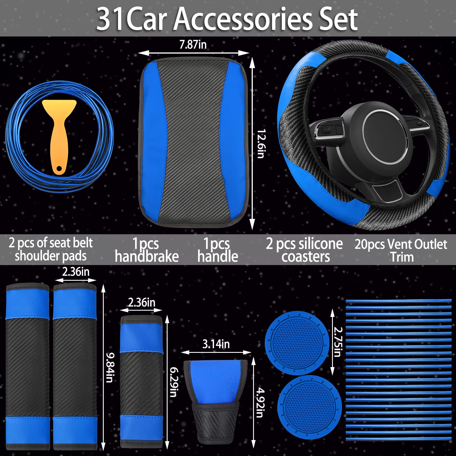 Riakrum 30-Piece Car Accessories Set - Blue & Black PU Leather Steering Wheel Cover, Vent Trim Strips, AC Insert Strips with Installation Tool | Auto Interior Upgrade & Gift for Car Enthusiasts | Perfect for Sedans, SUVs & Trucks