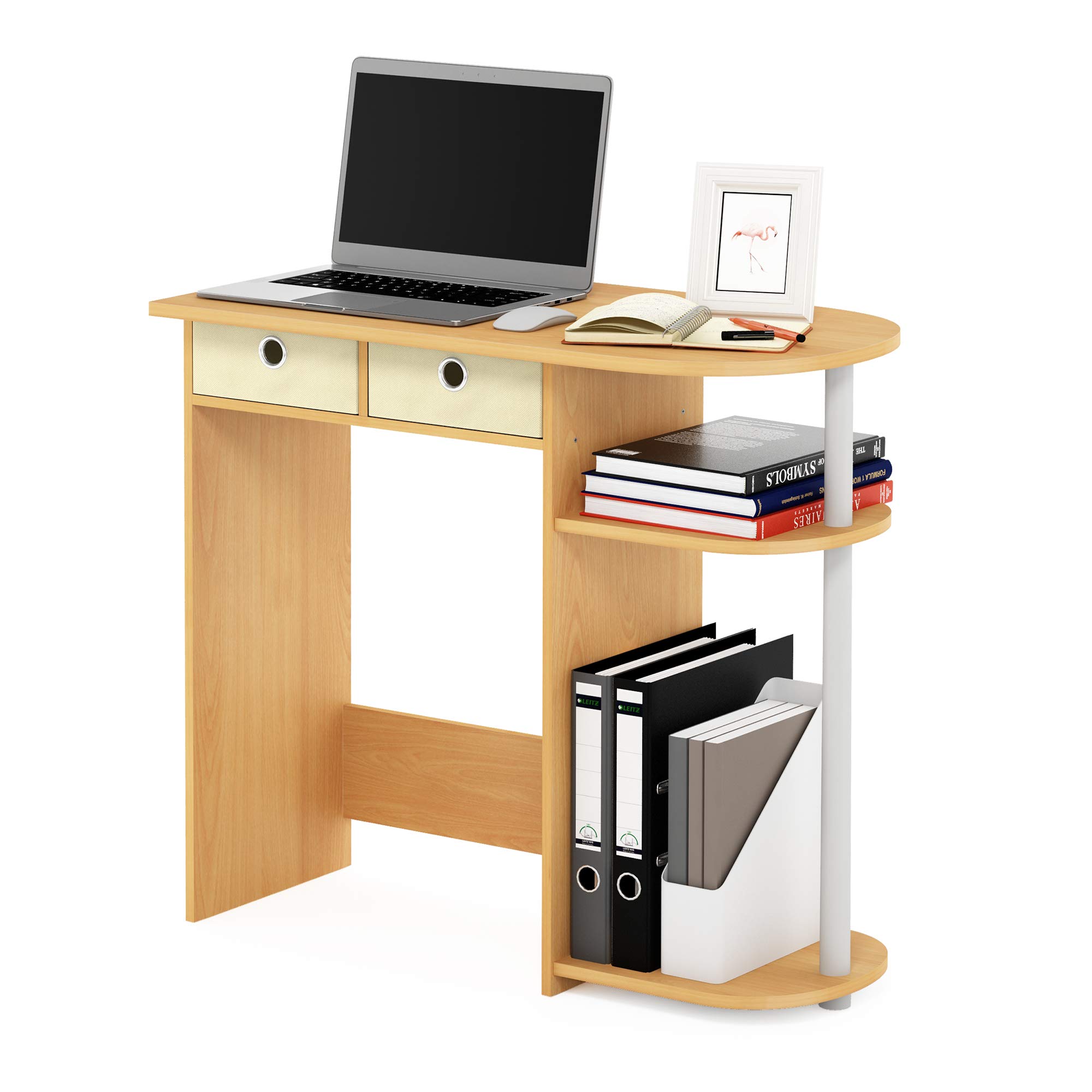 Eco-Friendly Laptop Desk with 2 Storage Drawers - Beech/Ivory/White Computer Table for Home Office & Small Spaces | Compact Workstation for Remote Work & Study