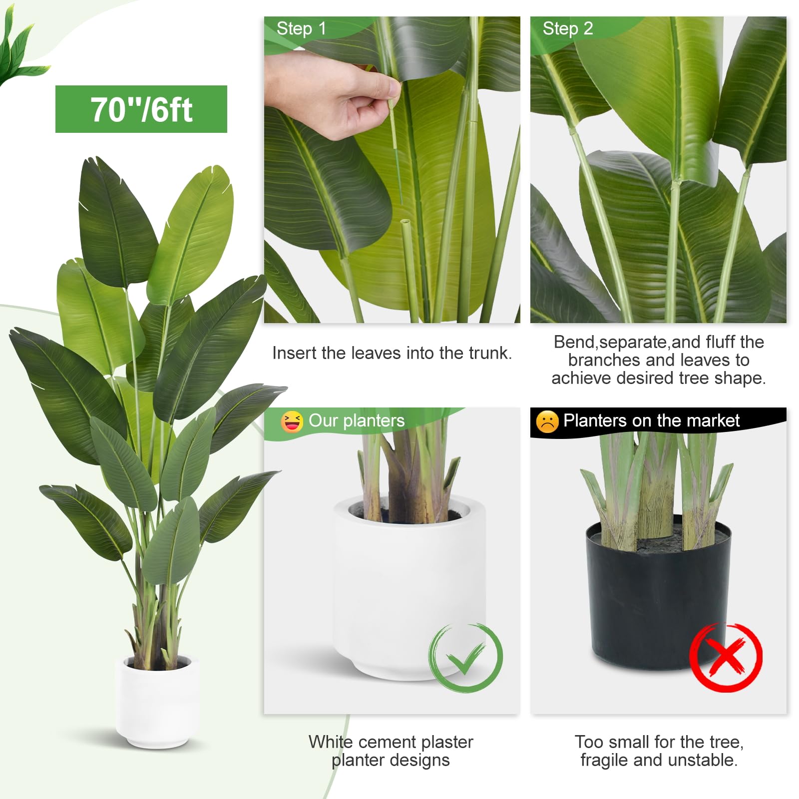 6Ft Tall Artificial Bird of Paradise Plant - Realistic Fake Tropical Palm Tree with 13 Silk Banana Leaves - Large Faux Indoor Plants for Home Decor in White Pot - Perfect for Living Room, Bedroom, Office & Tropical-Themed Spaces