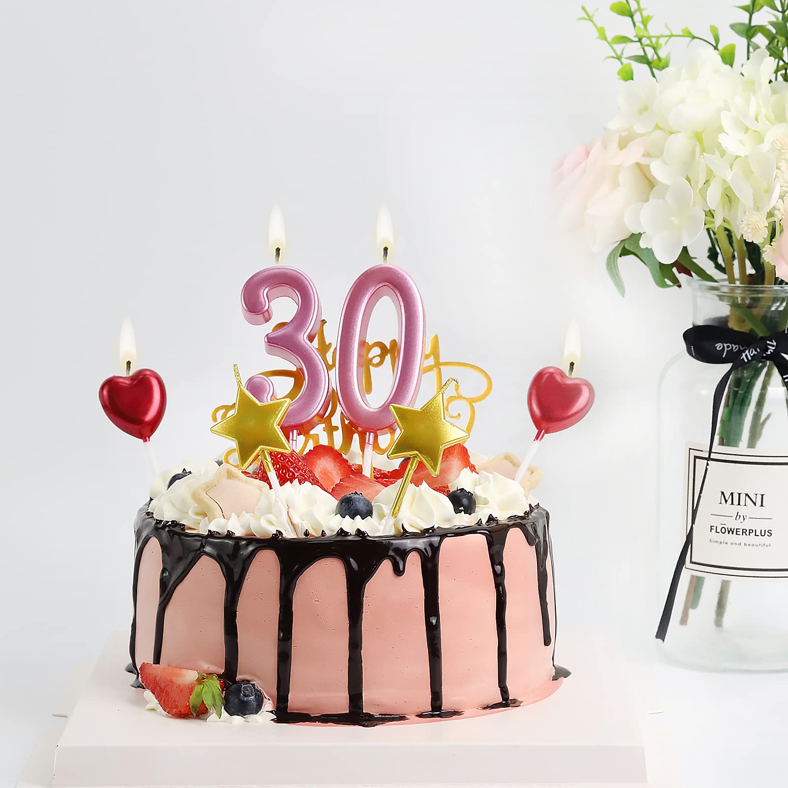 5th Birthday Candles Pink - Number Cake Candles with Star & Heart Topper for Kids Party Decor