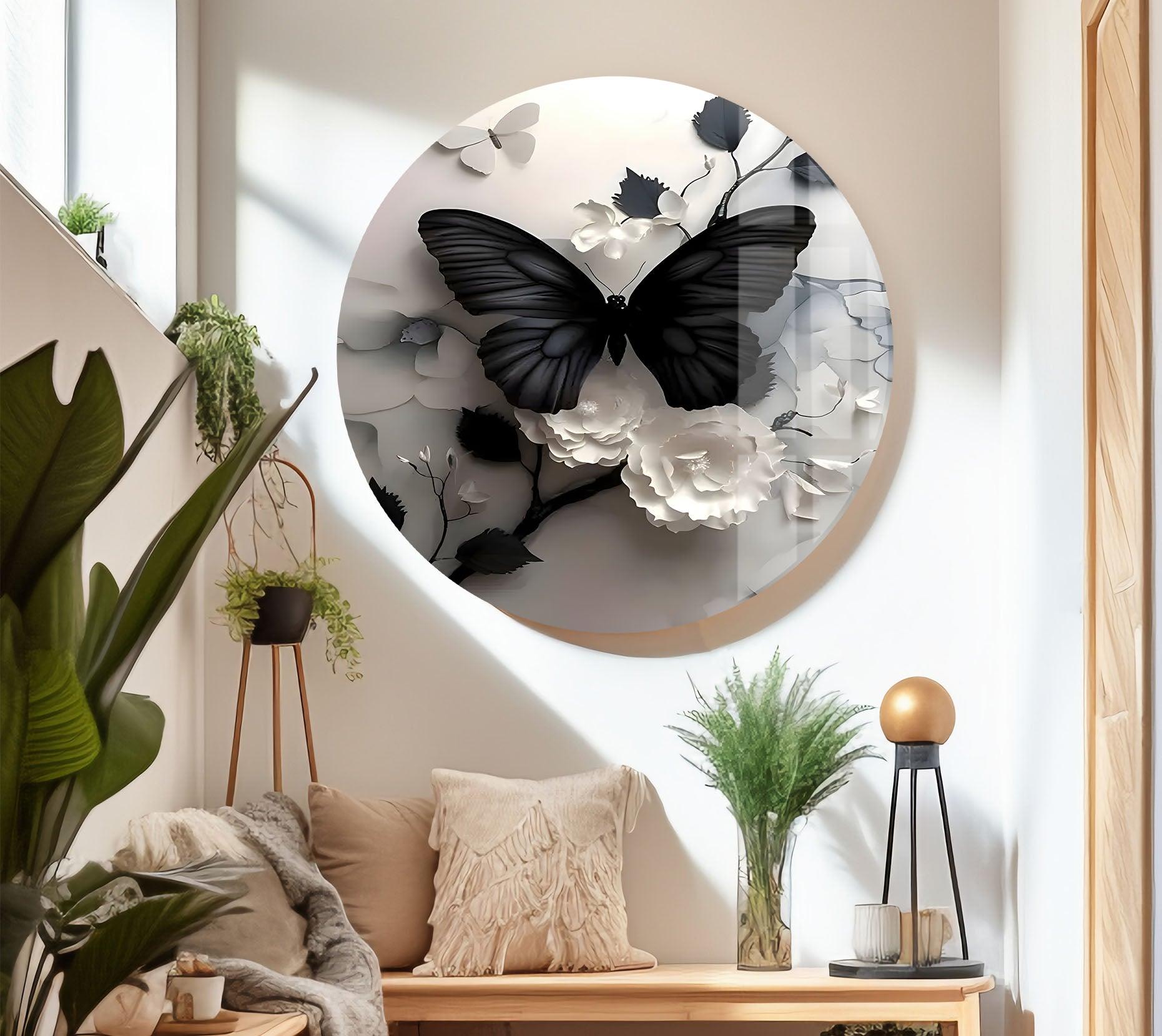 Elegant Black Butterfly & Floral Glass Wall Art - Handmade Decorative Panel for Living Room, Bedroom, or Office Decor