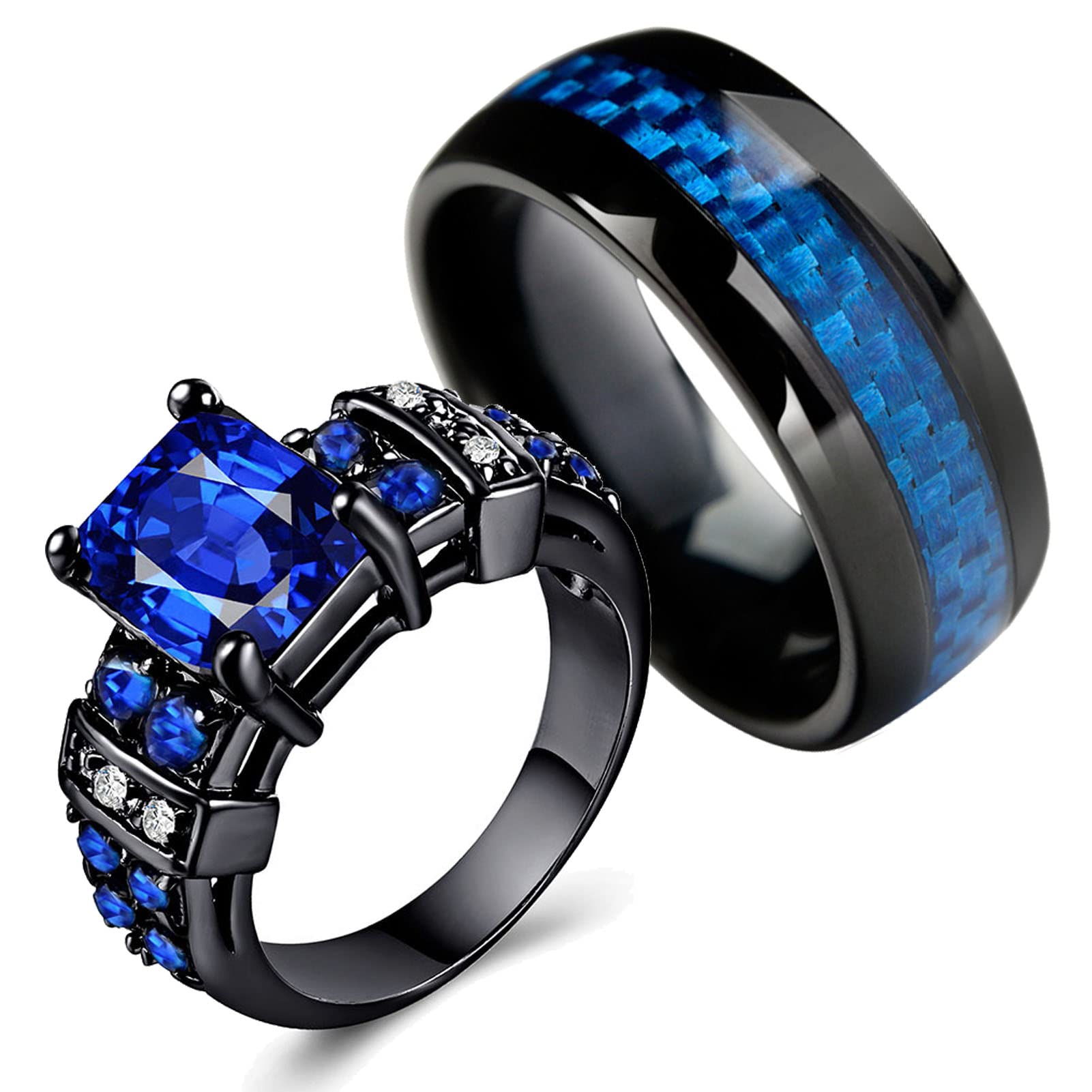 His and Her Matching Wedding Rings Set - Blue CZ Couple Bands for Women & Men - Perfect for Anniversaries, Engagements and Romantic Gifts