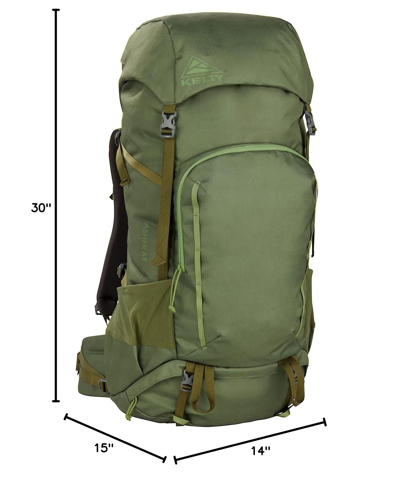 Kelty Asher 65L Internal Frame Hiking Backpack - 18-85L Adjustable Capacity for Day Hikes, Backpacking & Travel | 2023 Model in Winter Moss | Perfect for Outdoor Adventures, Camping & Trekking