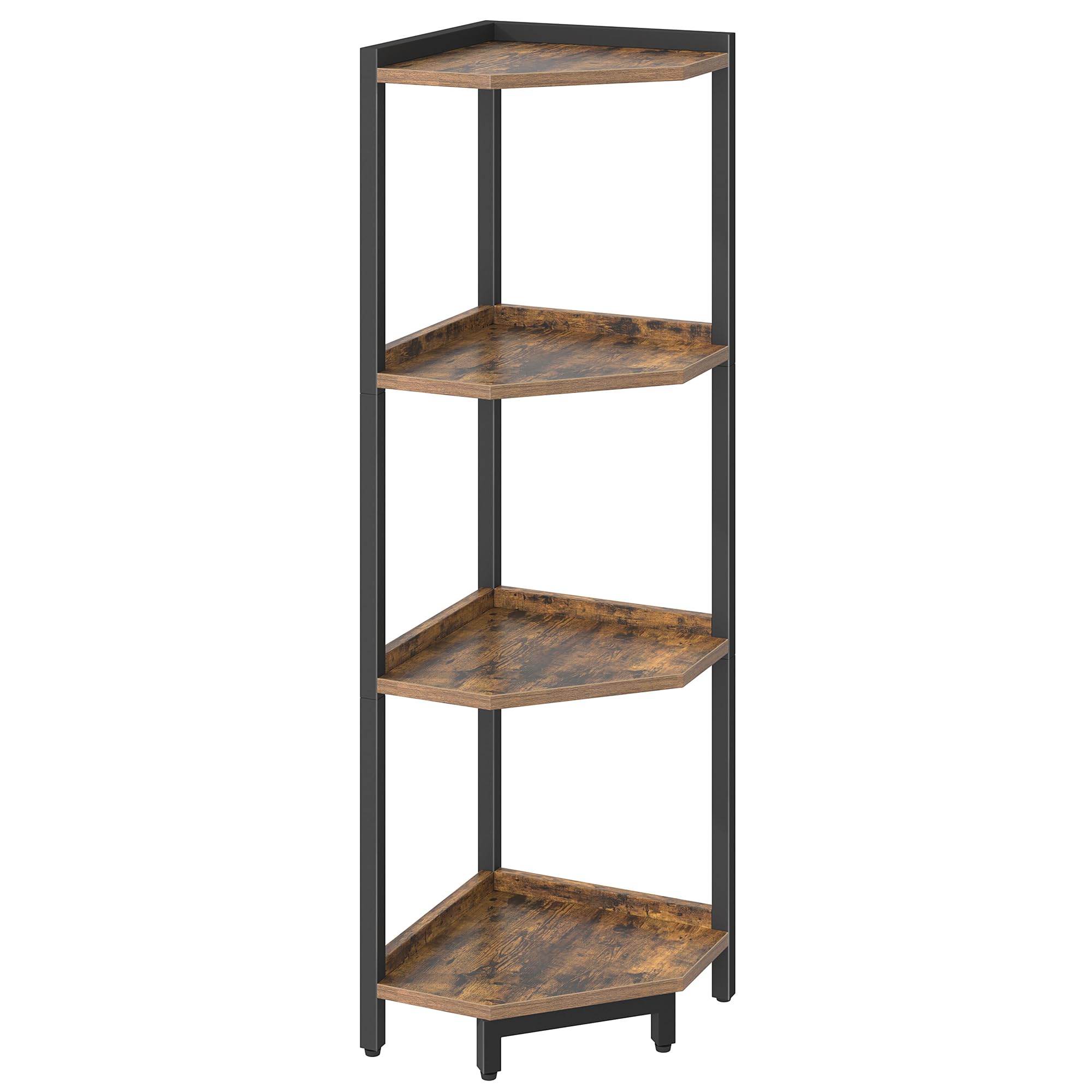 Rustic Brown 4-Tier Corner Shelf Stand - Metal Frame Storage Bookcase for Living Room, Home Office & Bedroom | Space-Saving Plant Stand & Bookshelf Organizer for Small Spaces & Home Decor