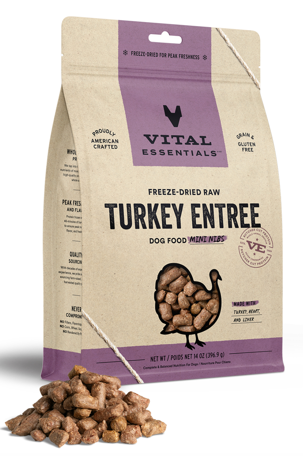 Vital Essentials Freeze-Dried Raw Turkey Mini Nibs Grain-Free Dog Food - High Protein Natural Treats for Small & Medium Dogs, Perfect for Training & Snacking