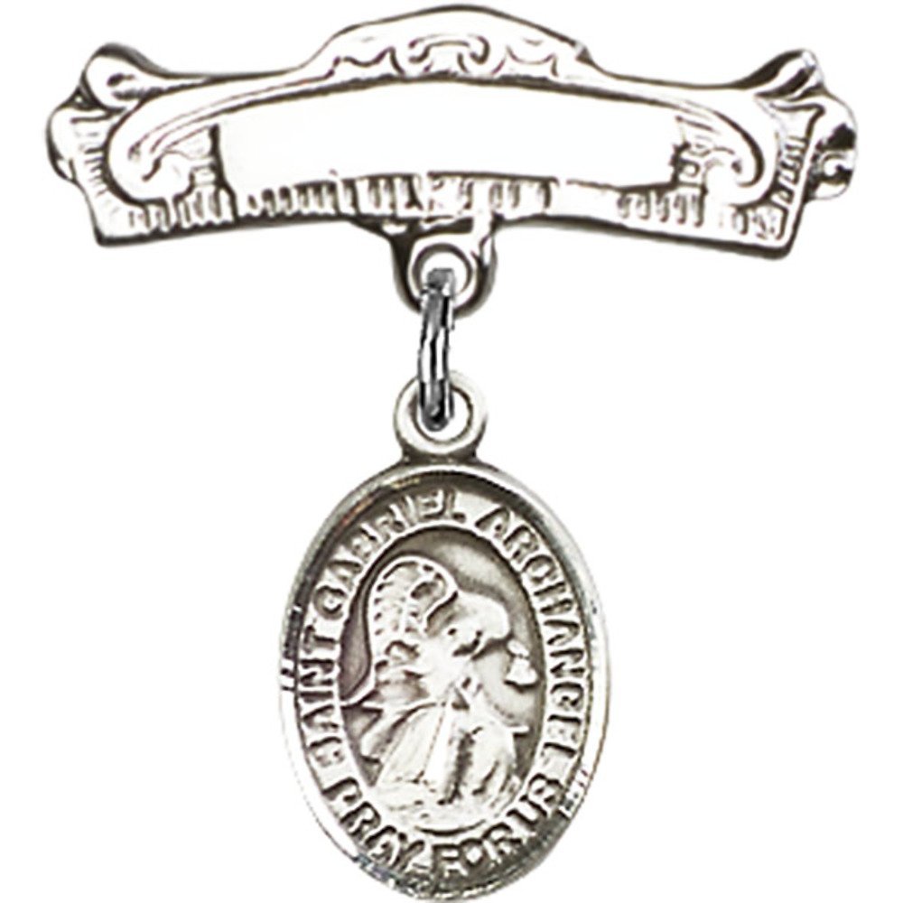 Sterling Silver Baby Badge with St. Gabriel The Archangel Charm - 7/8 X 7/8 Inches Arched Polished Pin - Perfect for Christening, Baptism Gifts & Baby Blessing Ceremonies