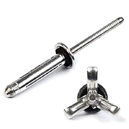 Tri-Fold Exploding Pop Rivets 5/32 x 5/16 Grip (5-5) Aluminum Shaveable Head Blind Rivets with Sealing Washer - Pack of 100 for Metal Fabrication, Automotive Repair & DIY Projects
