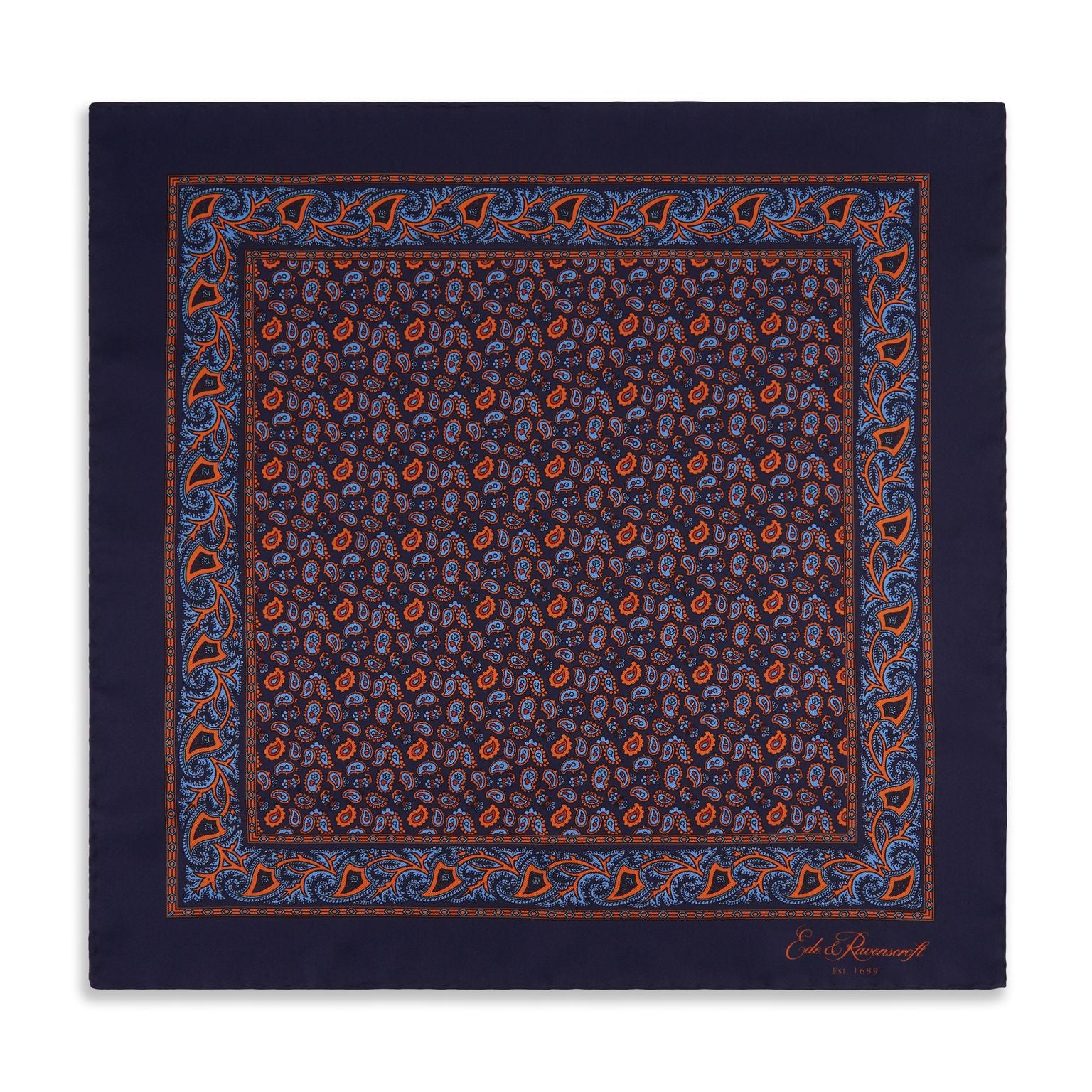 Navy and Orange Paisley Madder Silk Pocket Square for Men - Elegant Handkerchief for Weddings, Business Suits & Formal Occasions