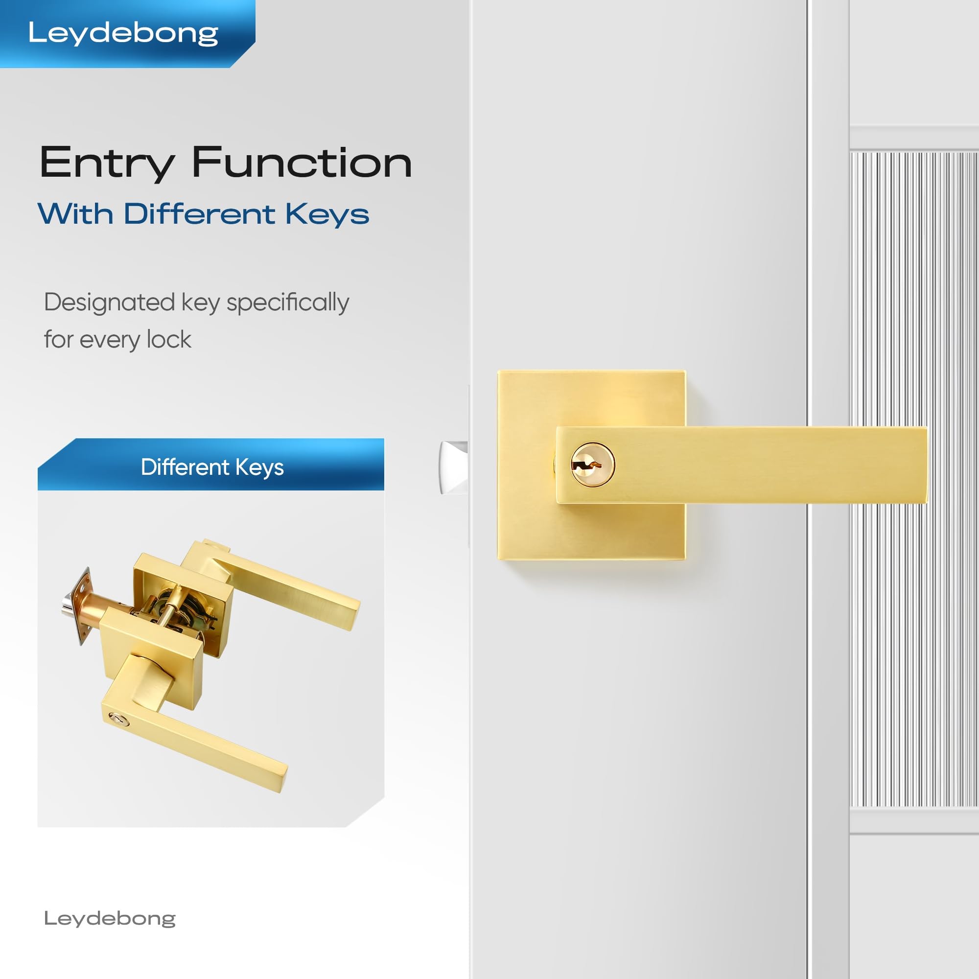 1 Pack Heavy Duty Square Door Lock with Key - Gold/Satin Brass Finish - Reversible Handle for Left/Right Hand (Different Keys) - Ideal for Home, Office & Commercial Security