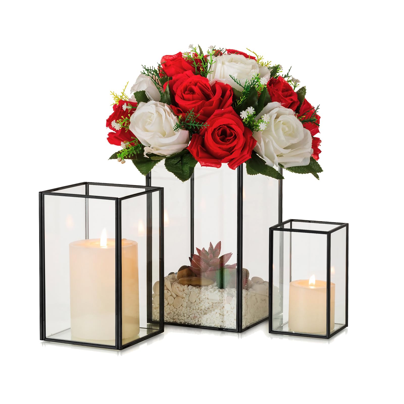 Hewory Glass Hurricane Candle Holder Set of 3 - Black Square Metal Frame Clear Glass Candle Holders for Wedding Centerpiece, Christmas Decor, Birthday Party, Engagement, Home Table Decorations | Perfect for Romantic Dinners, Holiday Tablescapes and Special Event Decor