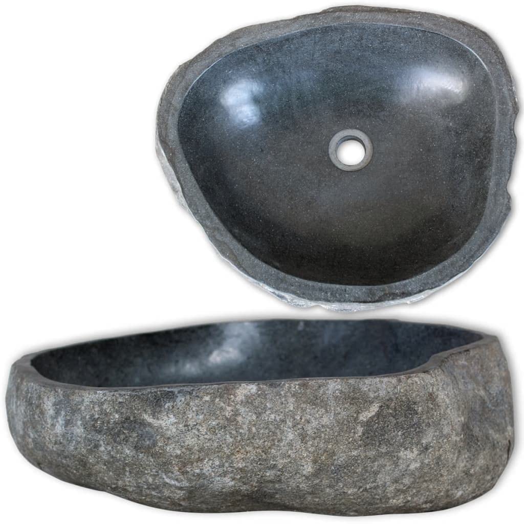 CHARMMA Oval Above Counter Vessel Sink - Natural Stone Wash Basin for Bathroom Vanity, Tabletop River Stone Small Bathroom Sink (14.6