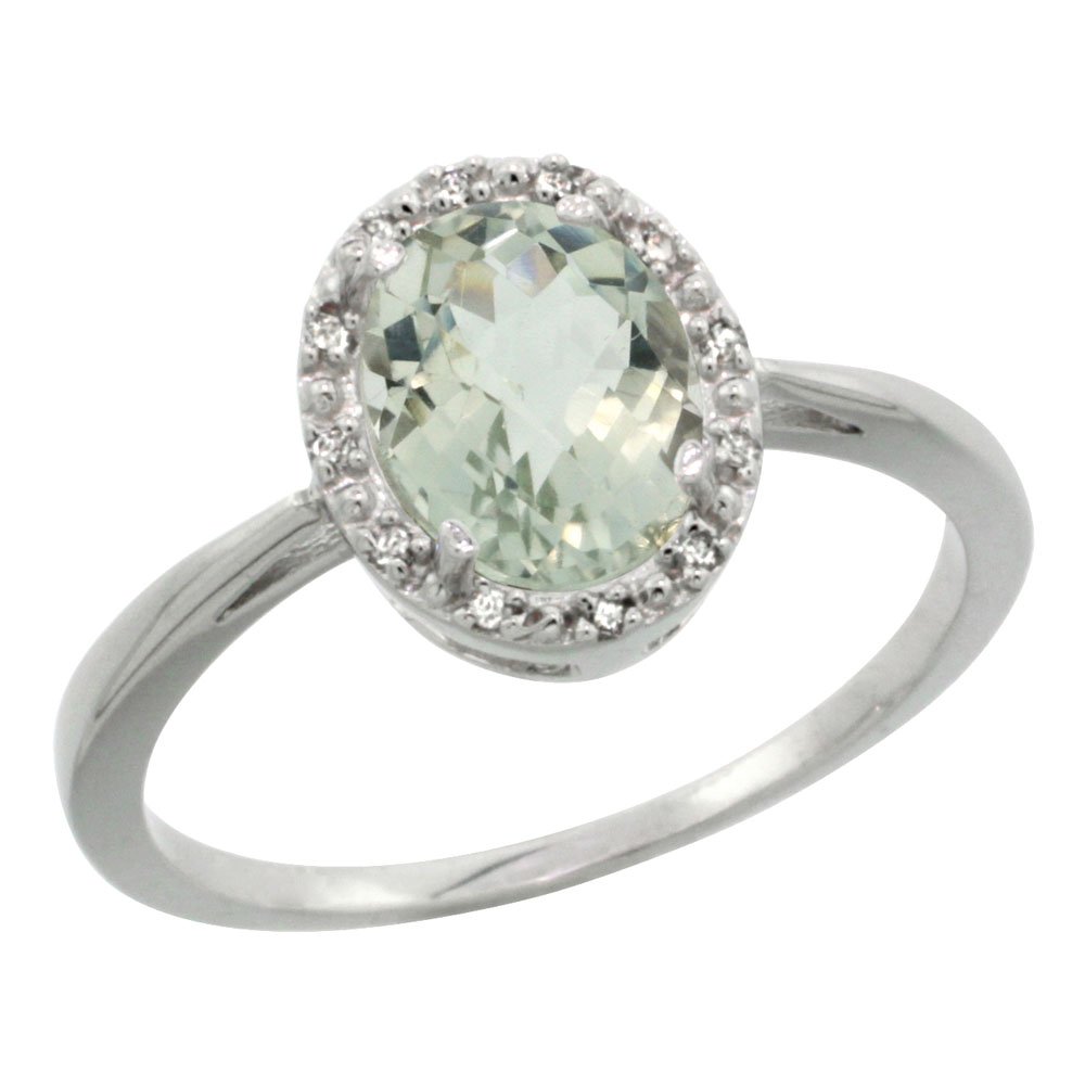 10K White Gold Diamond Halo Genuine Green Amethyst Ring - Oval 8X6mm, Sizes 5-10 - Elegant Engagement, Anniversary Gift for Her
