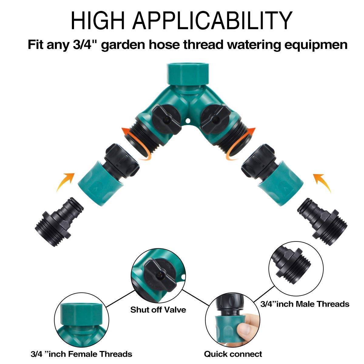 JUSONEY 2-Way Garden Hose Splitter with Valves - for Faucets & Watering Equipment