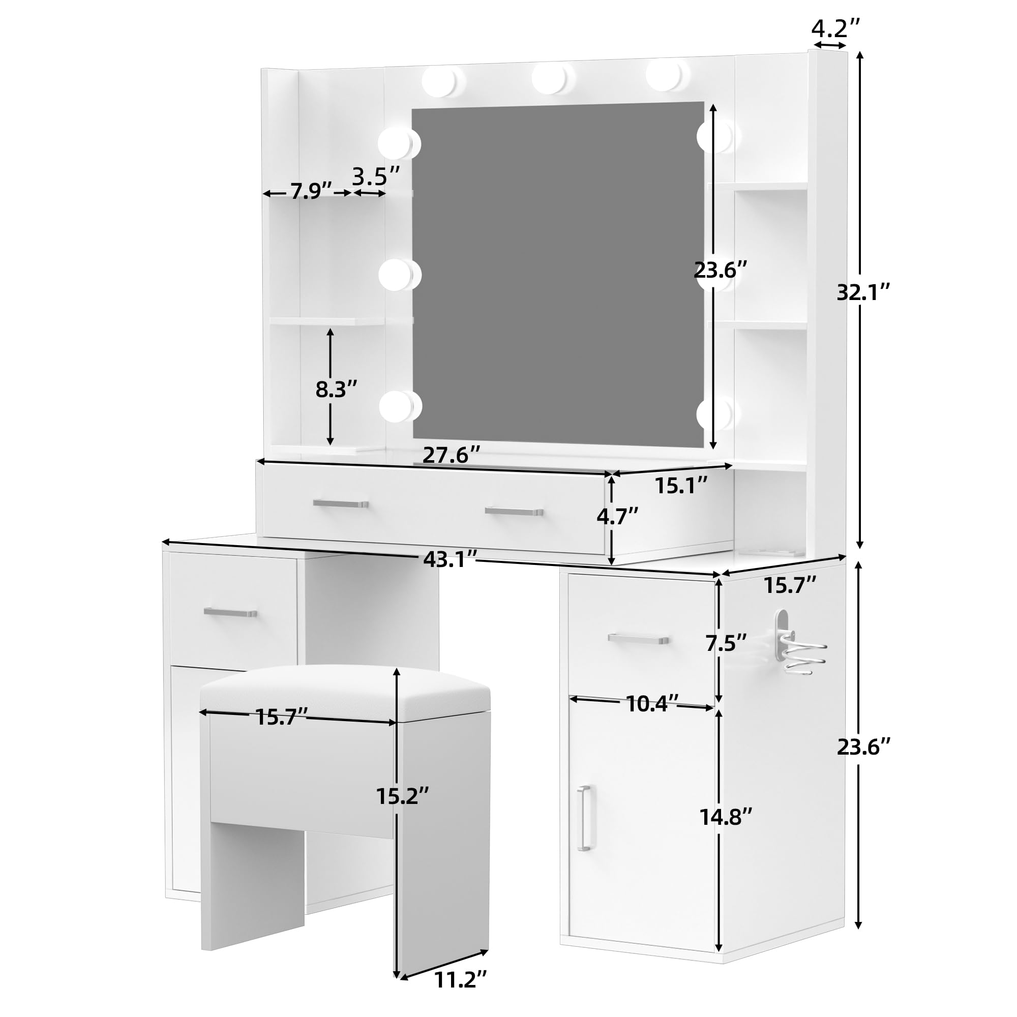 LED Makeup Vanity Desk with Glass Top & Charging Station - 9 Adjustable Lights, 3 Lighting Modes, Storage Bench - Perfect for Bedroom Dressing Table, Beauty Salon & Home Decor (White)