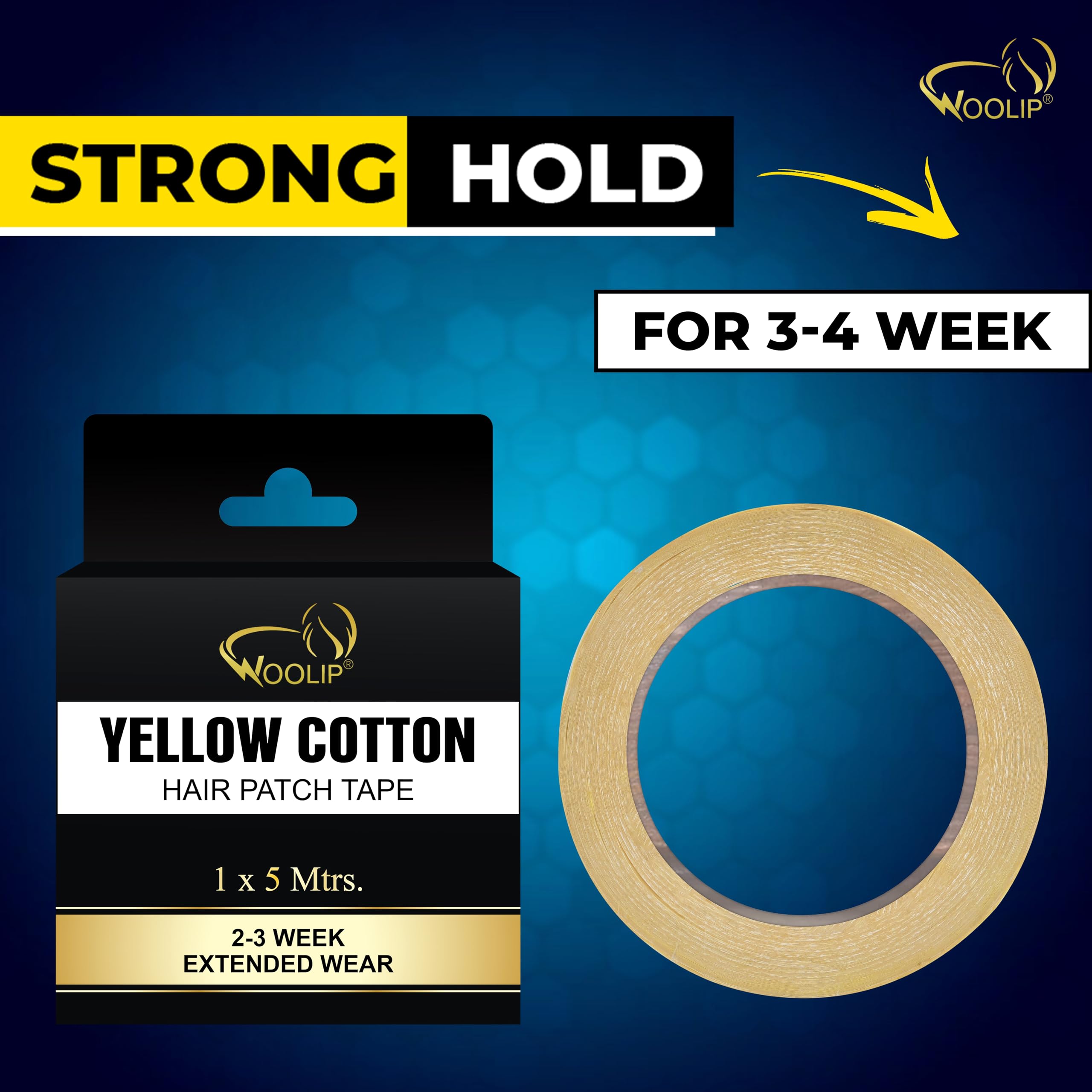Woolip Hair Patch Tape - Ultra Strong Hold Double Sided Waterproof Hair Extension Tape for Weaves & Wigs (1 Inch Cotton, 5M Length, Pack of 2, Yellow) | Perfect for Salon Professionals & DIY Hair Styling at Home