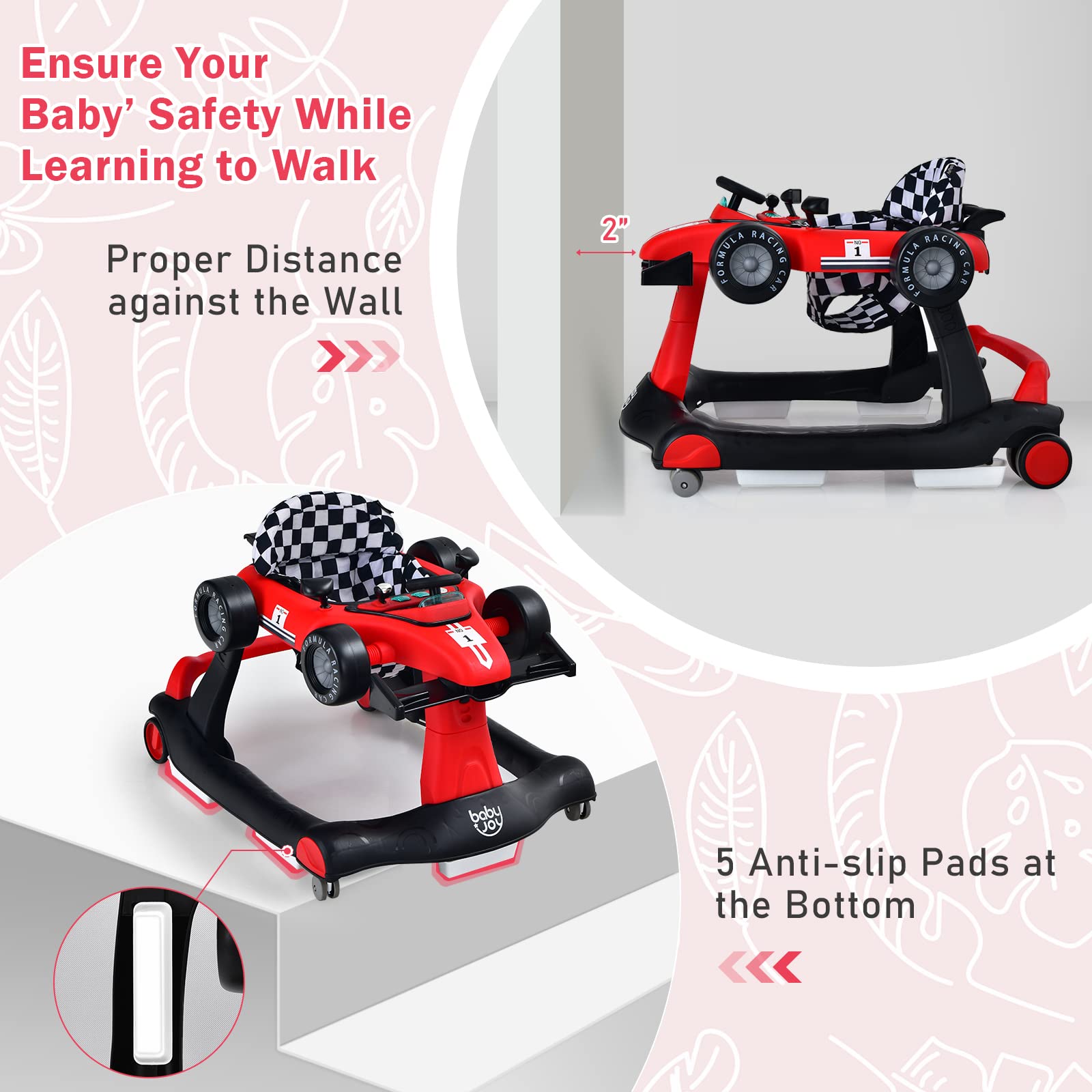 BABY JOY 4-in-1 Foldable Baby Activity Walker with Adjustable Height & Speed - Musical Light-Up Push Walker Toy with Anti-Rollover Wheels for Toddlers 6-18 Months (Red) | Perfect for Learning to Walk, Indoor Play & Early Development