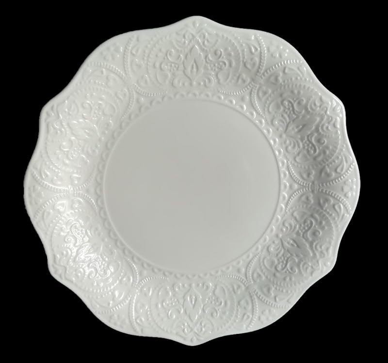 TUDOR ROYAL 12-Piece White Porcelain Cup and Saucer Set - Service for 6 with WHITEHALL Embossed Design & Scalloped Edges - Elegant Tea Set for Afternoon Tea, Bridal Shower, and Home Decor
