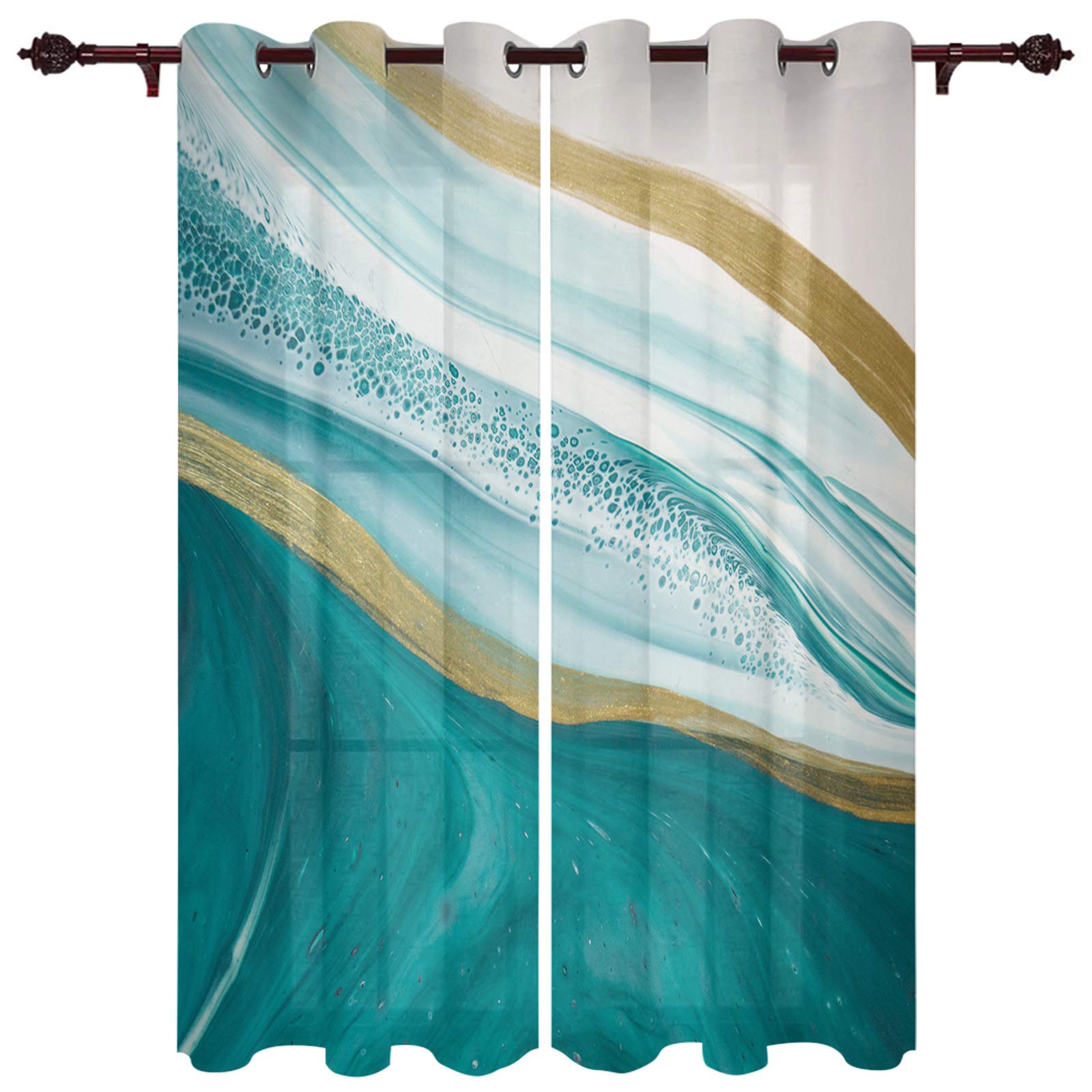 Watercolor Gradient Marble Cyan Window Curtains - 63 Inch Long Grommet Drapes (Set of 2 Panels) for Living Room, Bedroom & Sliding Doors - Elegant Home Decor & Light Filtering Window Treatments