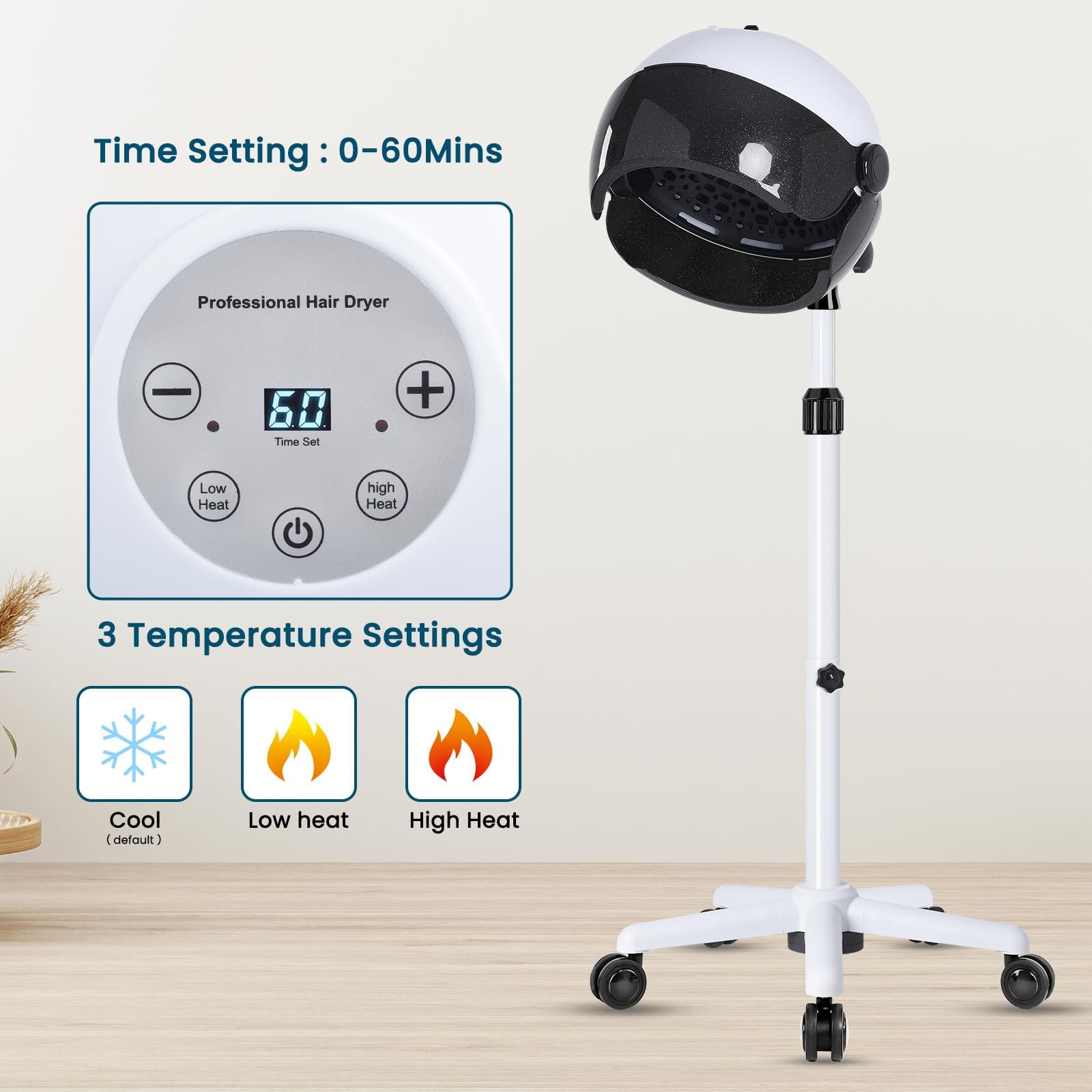 Professional 1500W Ionic Hooded Hair Dryer with Timer, Touch Controls & 3 Heat Settings - Salon & Home Use for Fast Drying, Styling & Deep Conditioning Treatments
