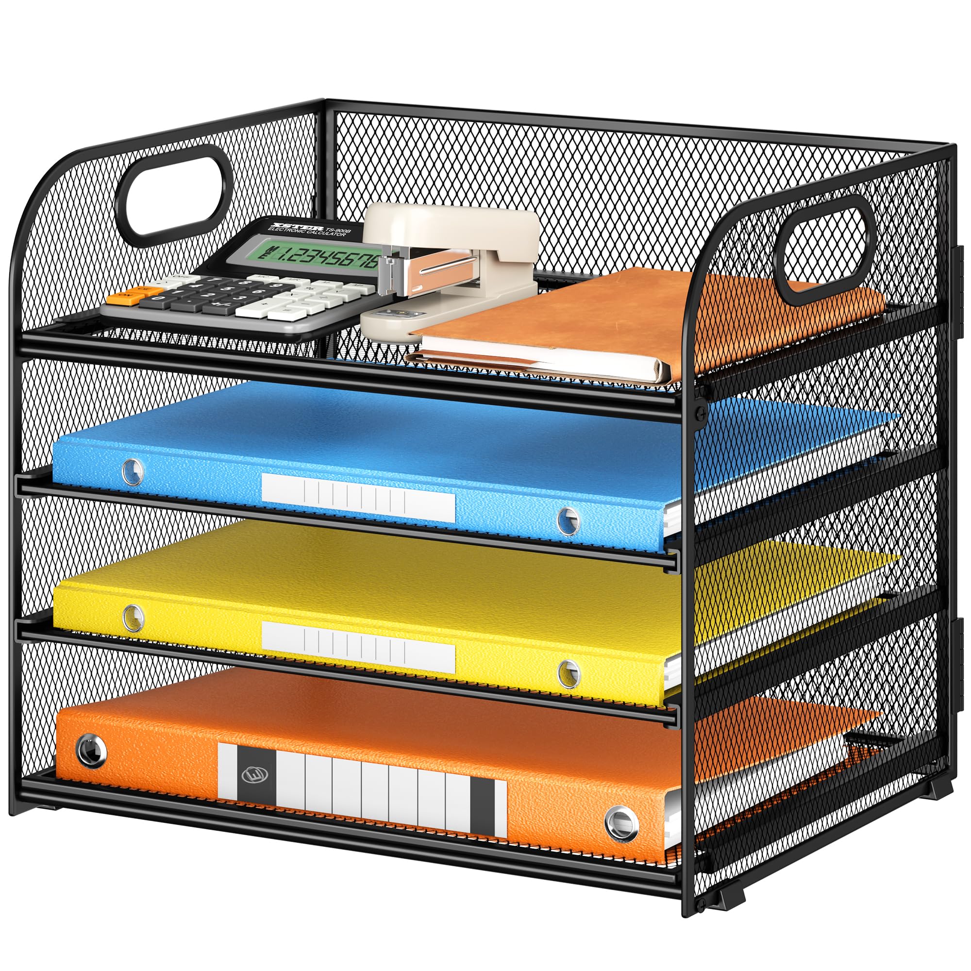Lavatino 4-Tier Mesh Paper Organizer for Desk with Handle - Black Office & Classroom File Storage Tray - Perfect for Documents, Notebooks, and School Supplies Organization