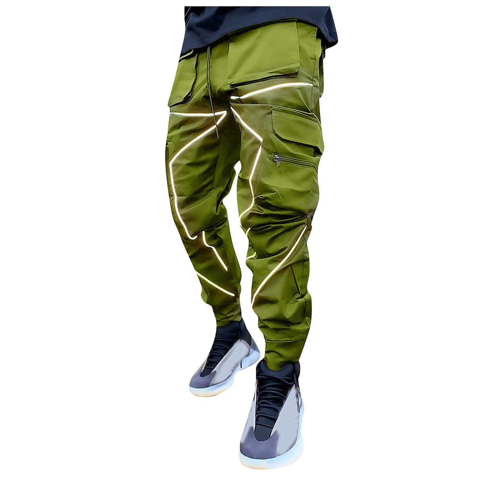 Men's Reflective Cargo Jogger Pants - Black Streetwear Hip Hop Sweatpants for Running, Gym & Casual Wear | Y2K Punk Rock Harem Pants for Nighttime Safety & Urban Fashion