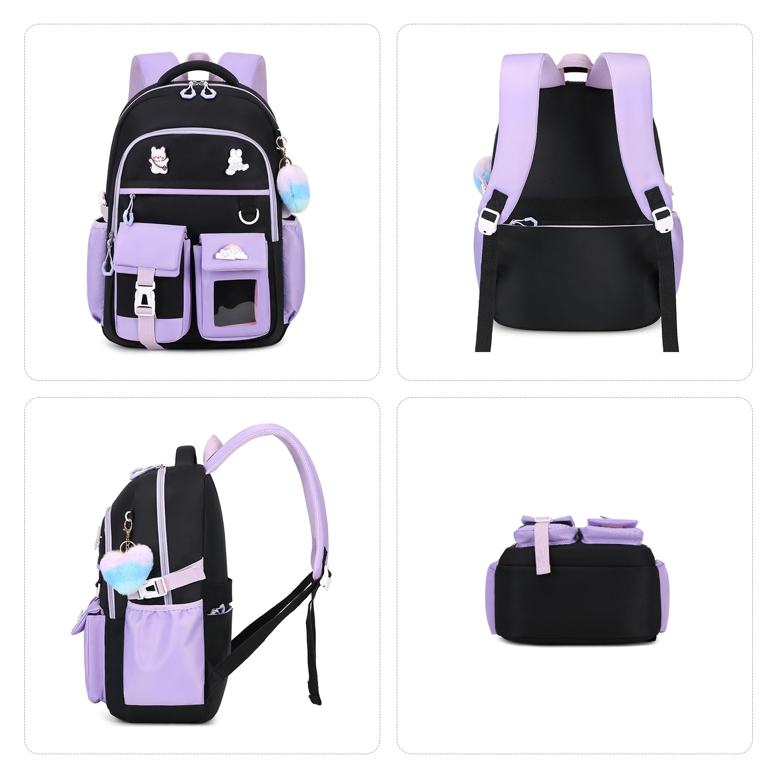 Cute Girls Backpack for School - Water Resistant Kids Bookbag with Multiple Pockets for Elementary Students Ages 6-14, Black & Purple - Perfect for Daily School Use, Travel & Outdoor Activities