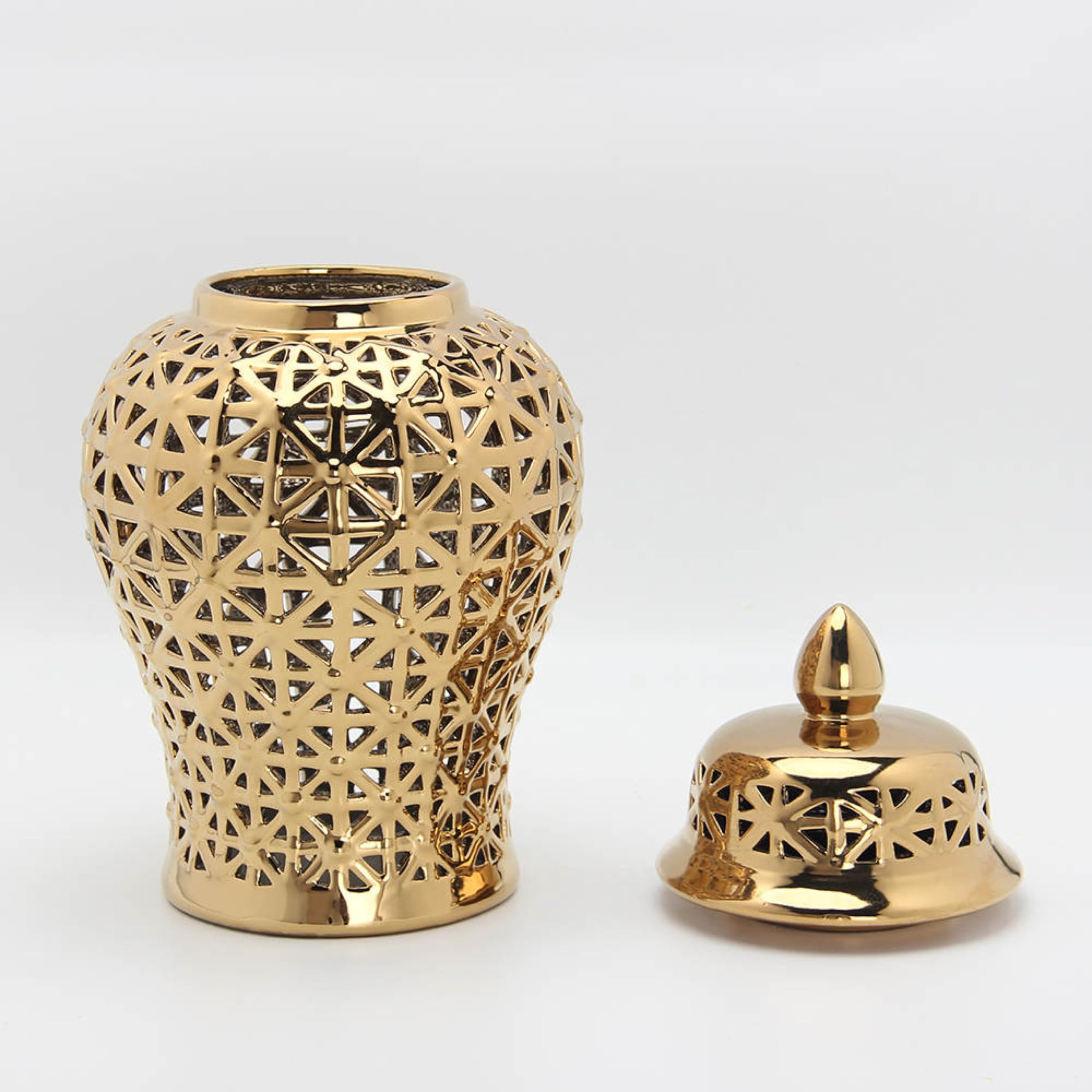 Noori Home - 100% Modern Glam Artisan Ceramic ARIA Small Gold Ginger Jar Urn with Lid 7.5x7.5x14.5 Inches - Elegant Home Decor for Living Room, Bedroom, or Office Display