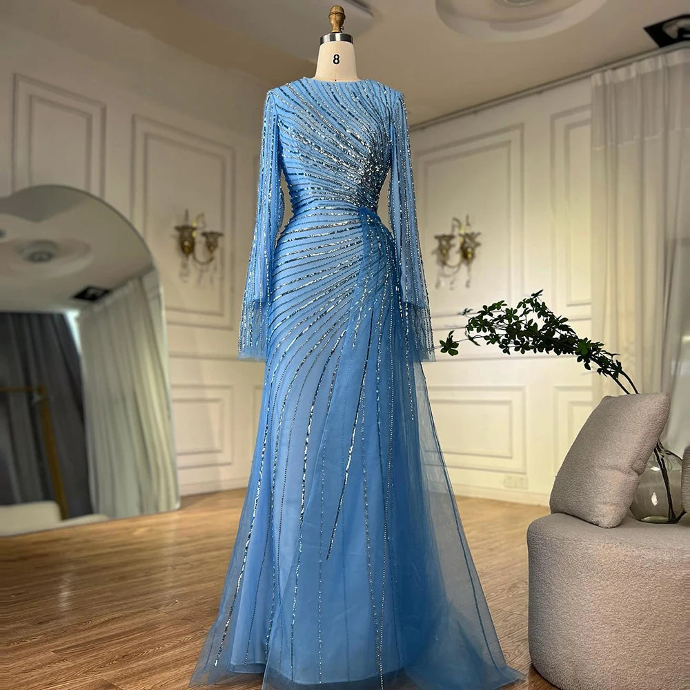 Luxury Dubai Arabic Elegant Blue Beaded Saudi Evening Gown for Women - Formal Occasion Abaya Dress LA72822 | Perfect for Weddings, Galas & Special Events