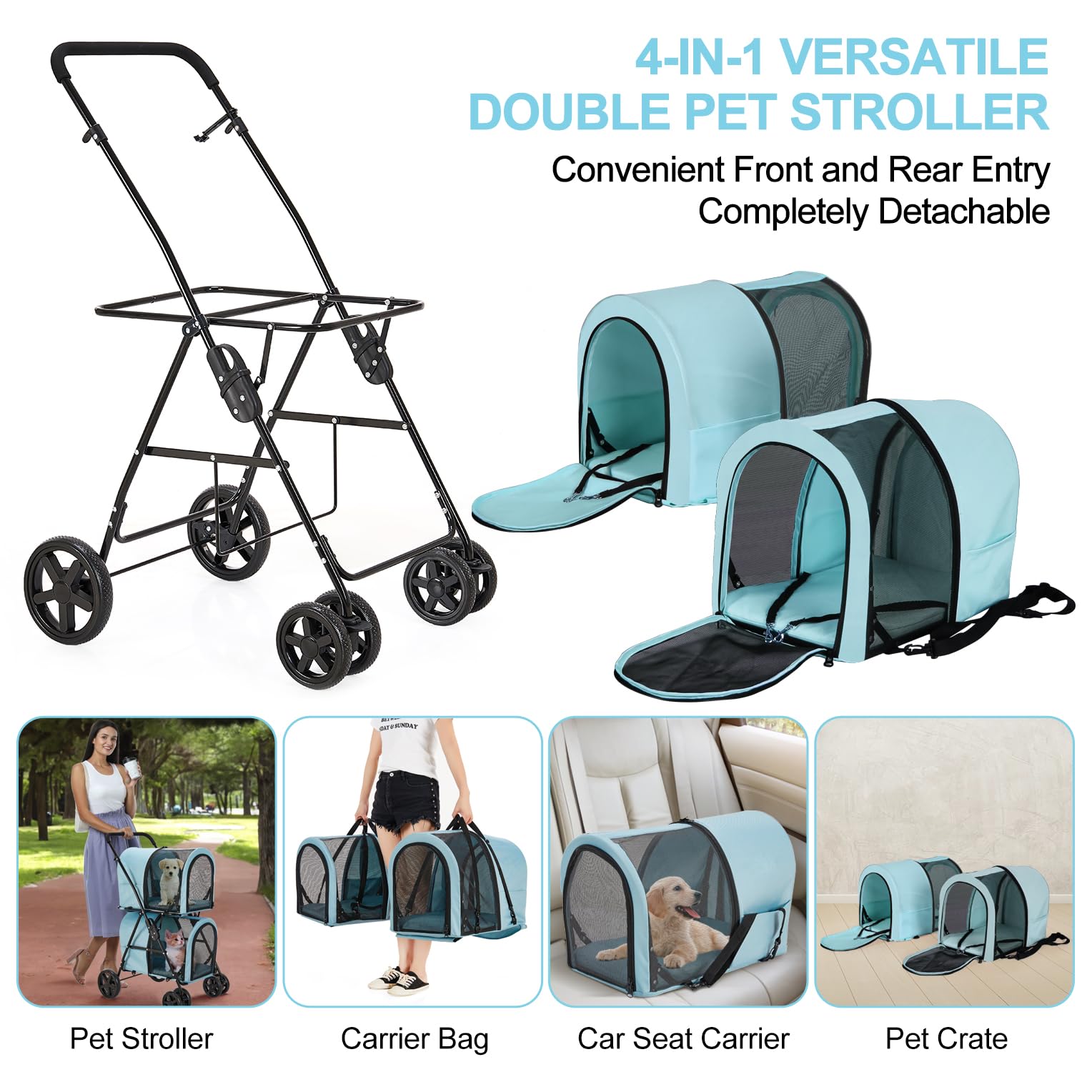 **Double Pet Stroller for Dogs & Cats - 2 Detachable Carriers, Quick-Fold Design for Small & Medium Pets, 4-Wheel Light Blue Stroller - Perfect for Park Walks, Vet Visits & Travel**