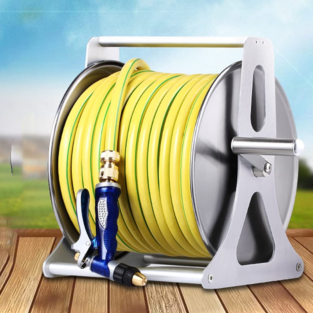 **Stainless Steel Garden Hose Reel Cart - Wall Mounted & Portable Water Pipe Storage Rack for Garden, Car Wash, and Outdoor Use (Silver, DN15 35m Yellow Pipe)**