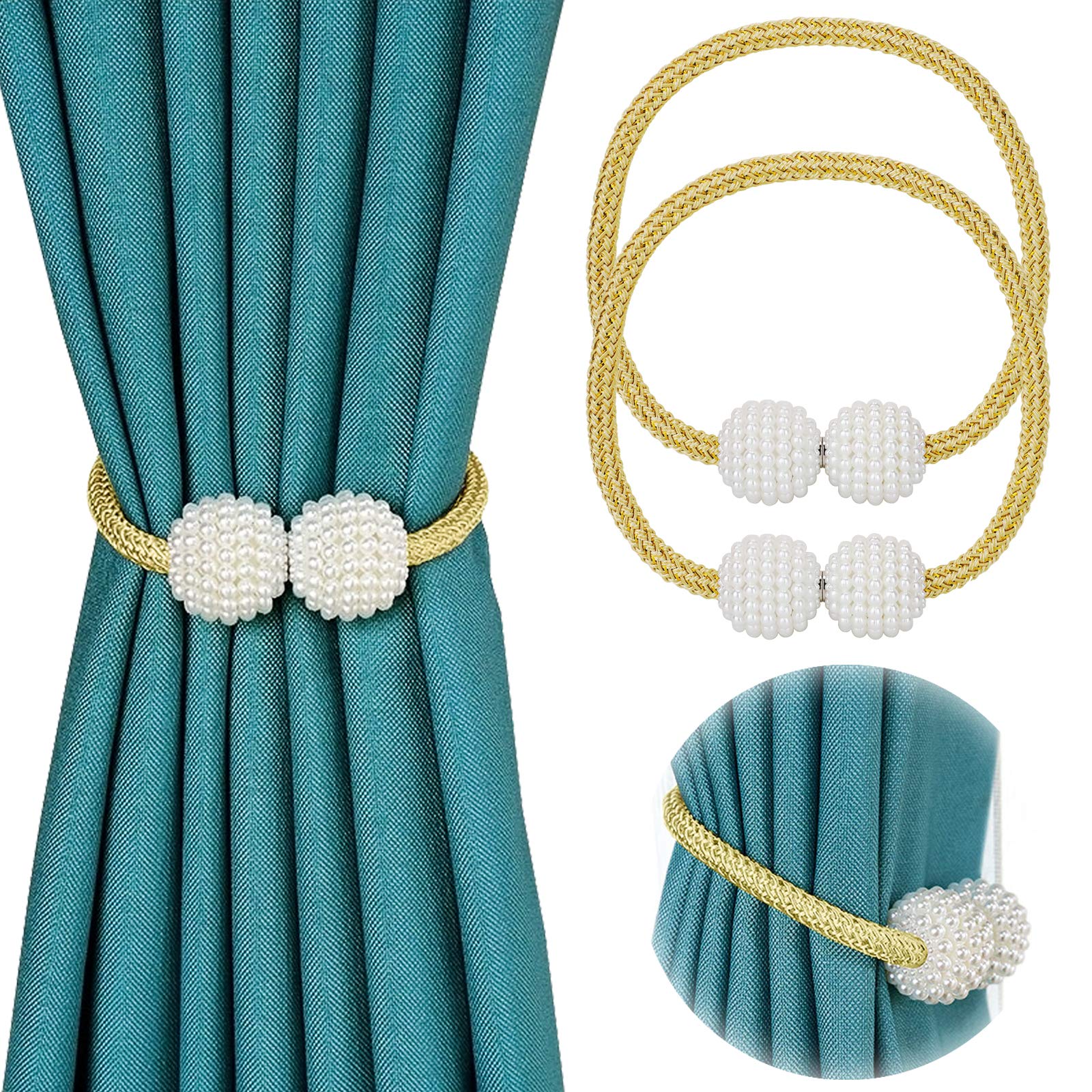 Magnetic Curtain Tiebacks 2 Pack - Gold Weave Rope Clips for Home & Office Decor