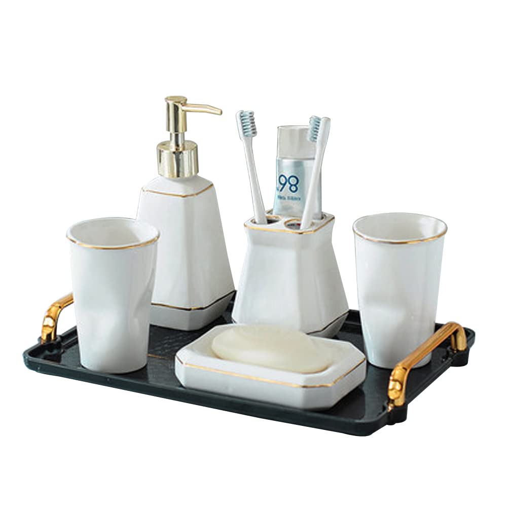 Layboo 6-Piece Bathroom Accessory Set - Plastic Decorative Tray, Ceramic Toothbrush Holder, Soap Dish & Lotion Dispenser with 2 Mouthwash Cups - White Bathroom Counter Organizer for Modern Home Decor | Perfect for Guest Bathrooms & Master Suites
