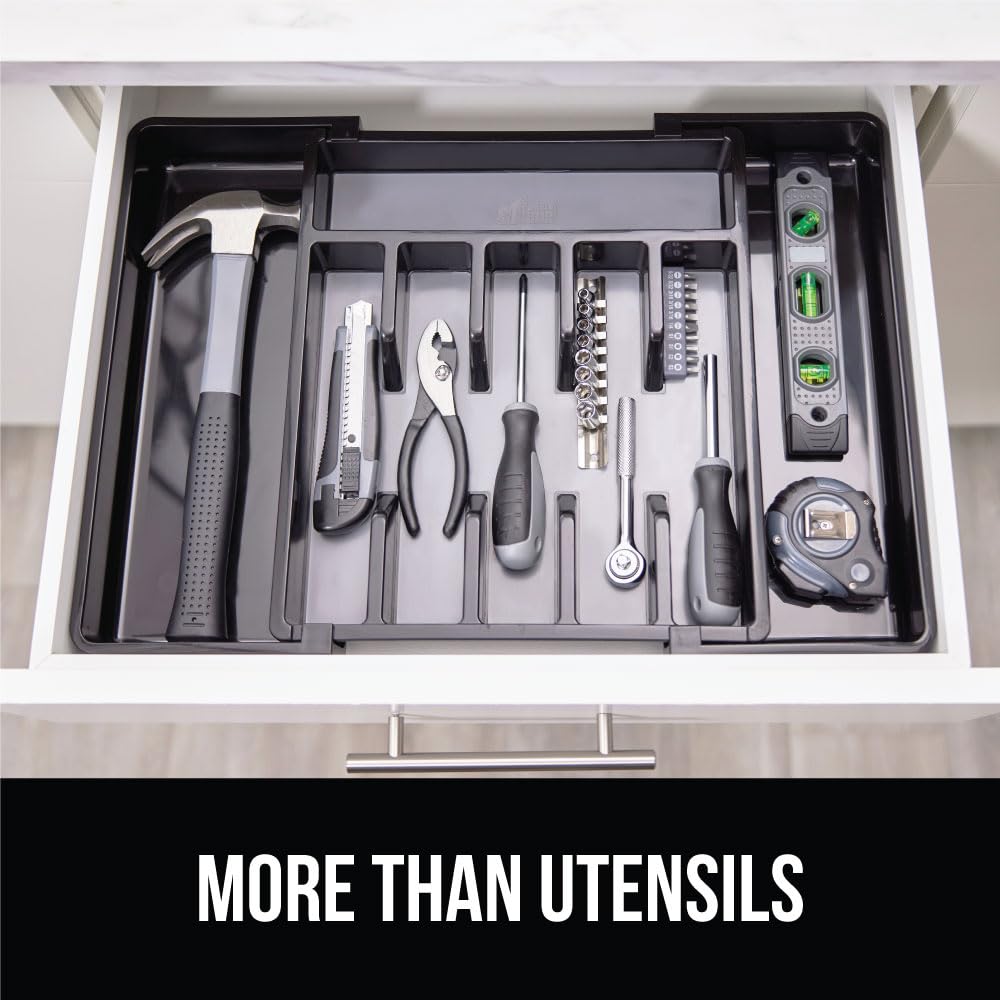 Gorilla Grip Expandable Silverware Organizer for Kitchen Drawers - BPA-Free Adjustable Utensil Tray with Non-Slip Rubber Lining & Grip Feet - Maximize Flatware Storage (Black) | Perfect for Organizing Forks, Spoons & Knives in Home or Restaurant Kitchens