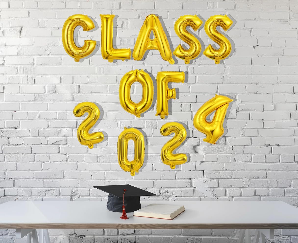 2024 Graduation Party Decorations - Gold 16 Inch Letter Balloons & Foil Balloons Set for Class of 2024, Retirement & Congrats Celebrations - Perfect for Graduation Parties, School Events & Retirement Decor