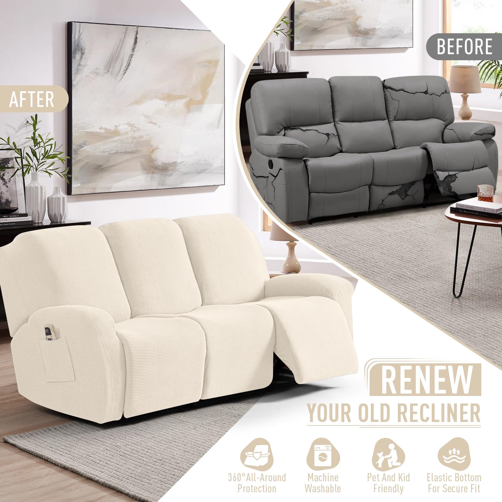 TAOCOCO 8-Piece Stretch Recliner Sofa Cover Set - Soft Jacquard Fabric Slipcover for 3-Seat Reclining Couches, Furniture Protector in Beige | Perfect for Living Room, Home Theater & Family Gatherings