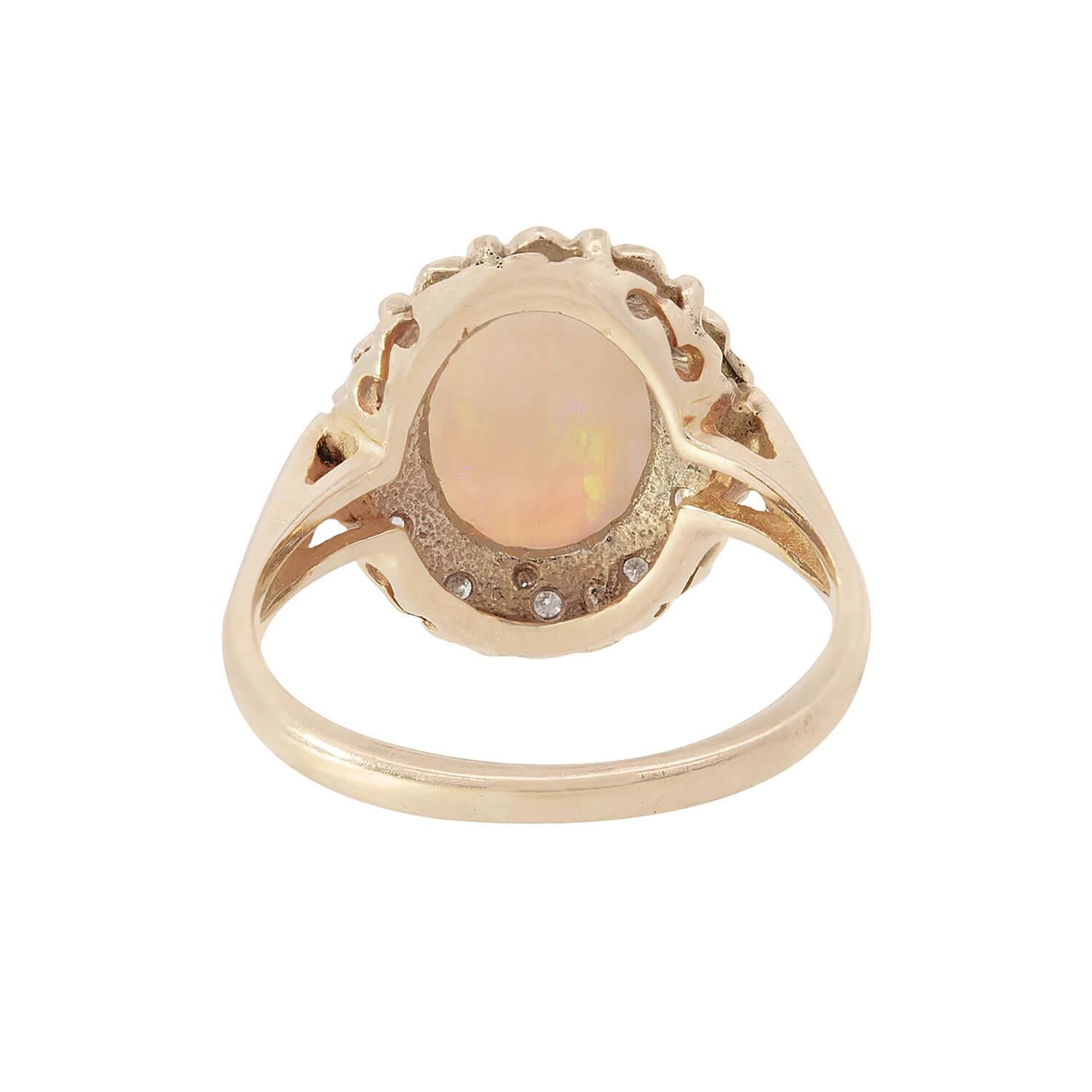 Vintage 14K Gold Opal and Diamond Halo Ring - Elegant Engagement, Wedding, Anniversary Jewelry Gift for Women