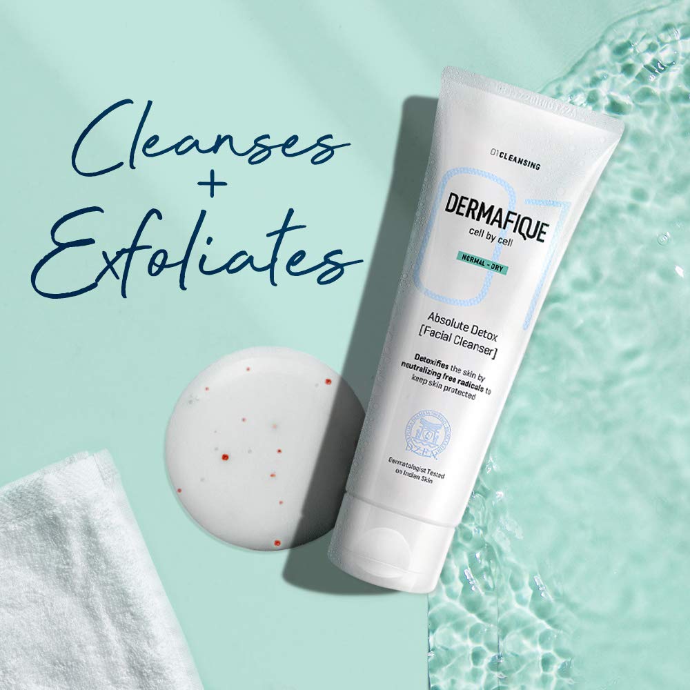 Dermafique Absolute Detox Facial Cleanser 100ml - Vitamin E & Pomegranate Face Wash with Bio-Active Cellulose Beads | Paraben-Free, Alcohol-Free, Soap-Free | Dermatologist Tested for Sensitive Skin | Perfect for Daily Deep Cleansing & Makeup Removal