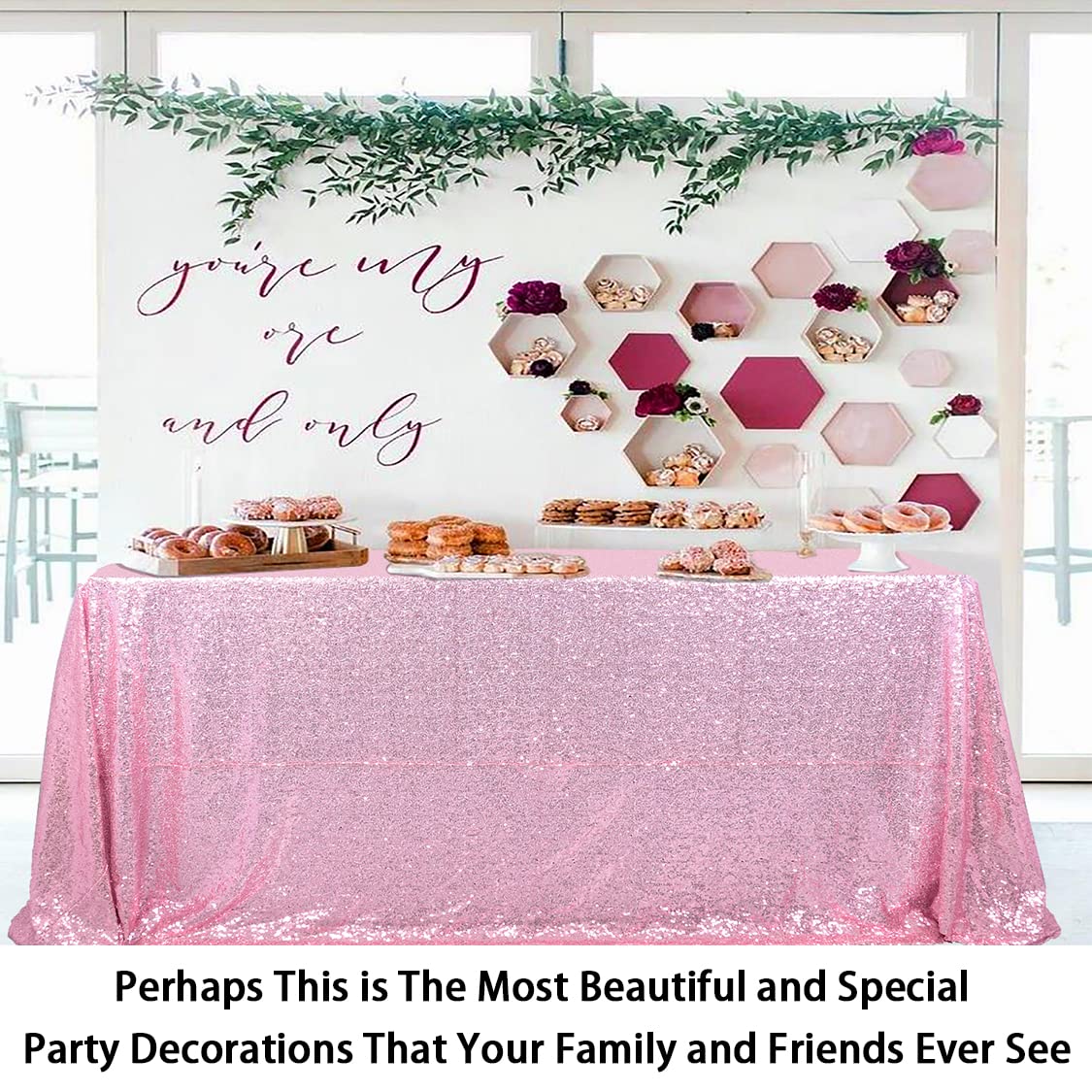 ShinyBeauty Pink Gold Sequin Tablecloth 90x132 Inch - Sparkling Rectangular Table Cover for Wedding, Party, Banquet Decor - Glamorous Fuchsia Pink Fabric for Special Occasions - Perfect for Birthday Celebrations, Anniversary Dinners and Holiday Events
