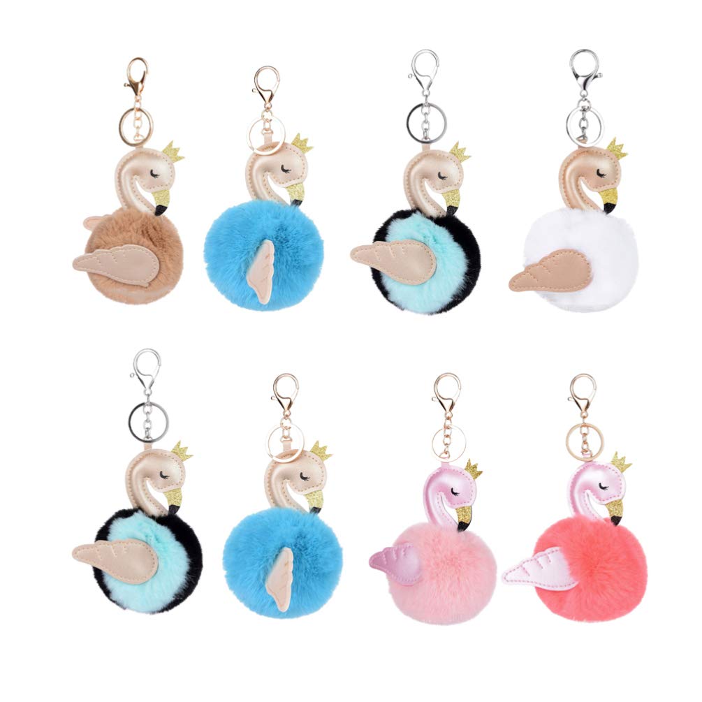 Fluffy Swan Pom Pom Keychain - 8pcs Mixed Color Cute Key Ring Bag Charm for Women Girls, Party Favors & Gifts, Perfect for Backpacks, Purses, Luggage Tags and Birthday Decorations